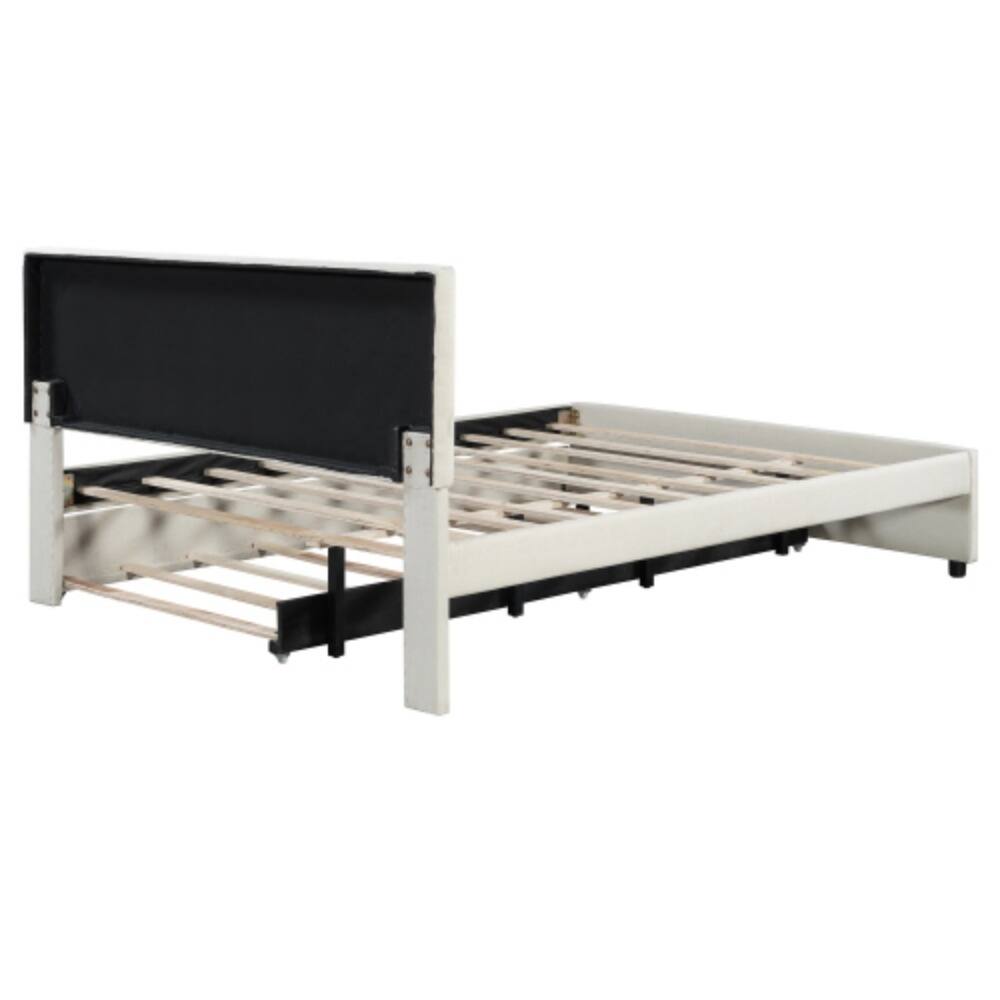 Left. LUCKY ONE - Queen Size Upholstered Platform Bed with Brick Pattern Headboard and Twin XL Trundle, Linen Fabric, No Box Spring Needed - Beige.