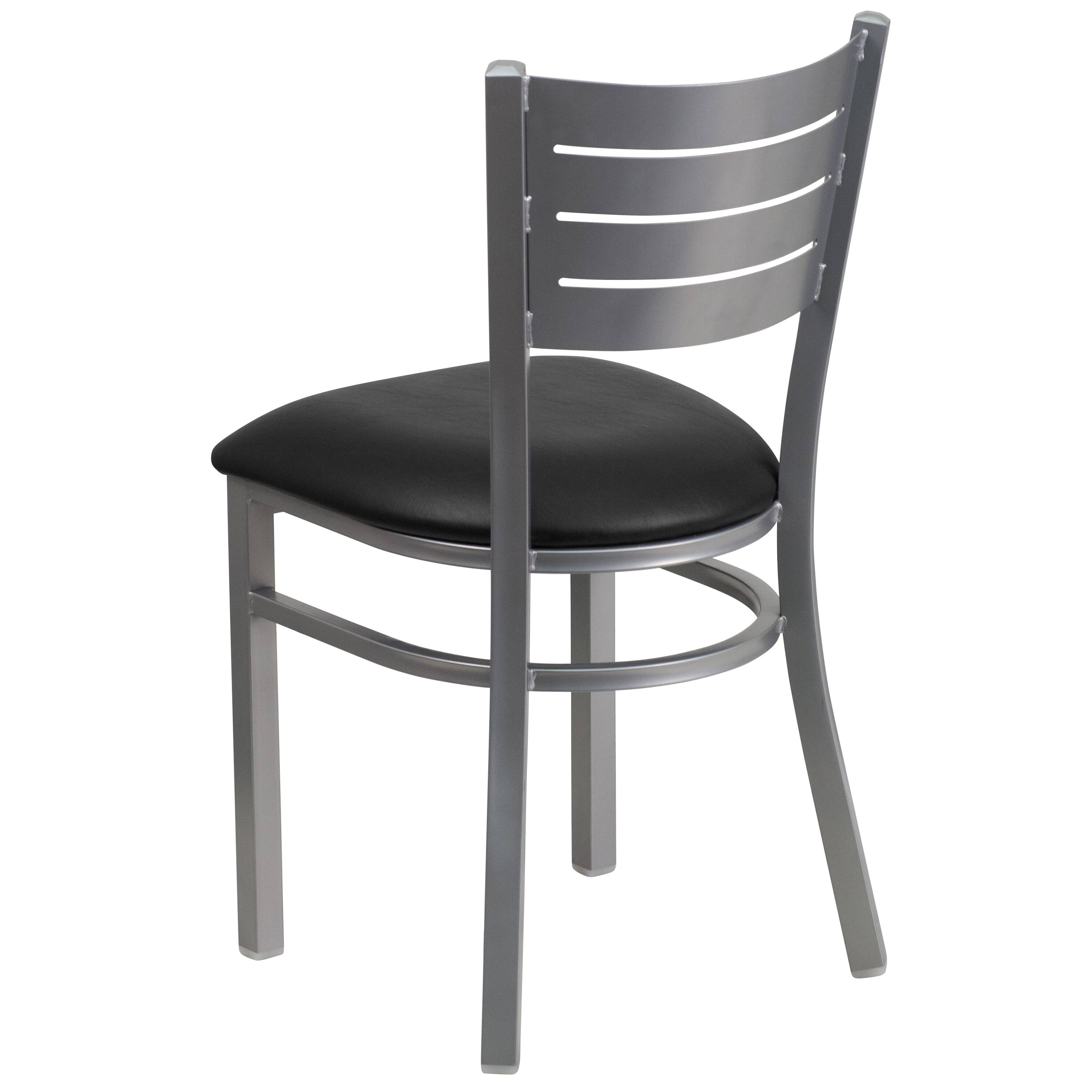 Alt View 4. Emma + Oliver - 2 Pack Silver Slat Back Metal Restaurant Chair - Black Vinyl Seat/Silver Frame.