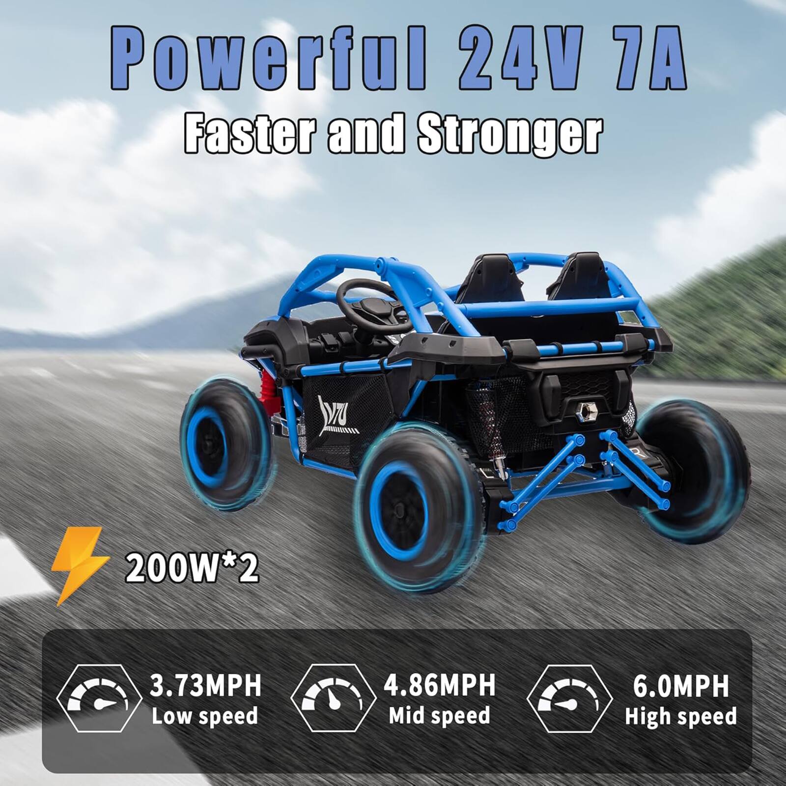 Powerful 24V 7A  
Faster and Stronger  

200W*2  

3.73MPH Low speed  
4.86MPH Mid speed  
6.0MPH High speed