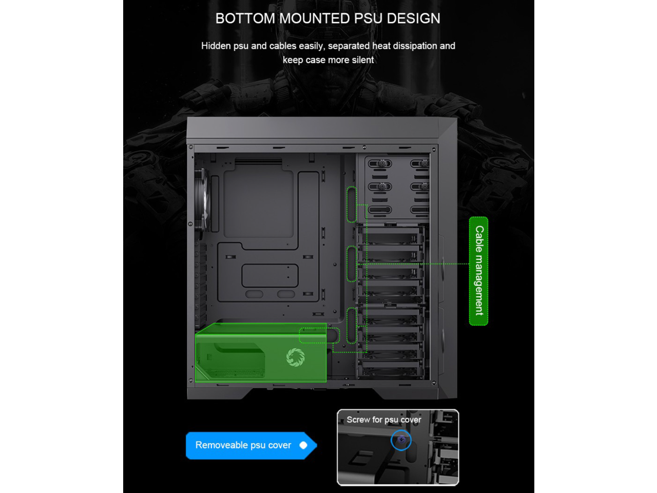 BOTTOM MOUNTED PSU DESIGN  
Hidden PSU and cables easily, separated heat dissipation and keep case more silent  
Cable management  
Screw for PSU cover  
Removable PSU cover