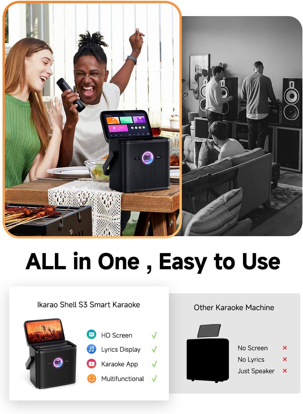 - 40
- ALL in One Easy to Use
- Ikarao Shell S3 Smart Karaoke
- Other Karaoke Machine
- HD Screen
- Lyrics Display
- Karaoke App
- Multifunctional
- No Screen
- No Lyrics
- Just Speaker