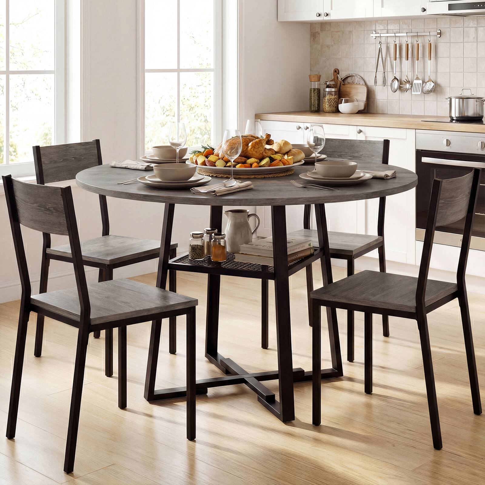 Alt View 4. Gymax - Gymax Round Dining Table for 4-6 47.5'' Dining Room Table w/Storage Shelf & Metal Legs Grey & Black - Grey.