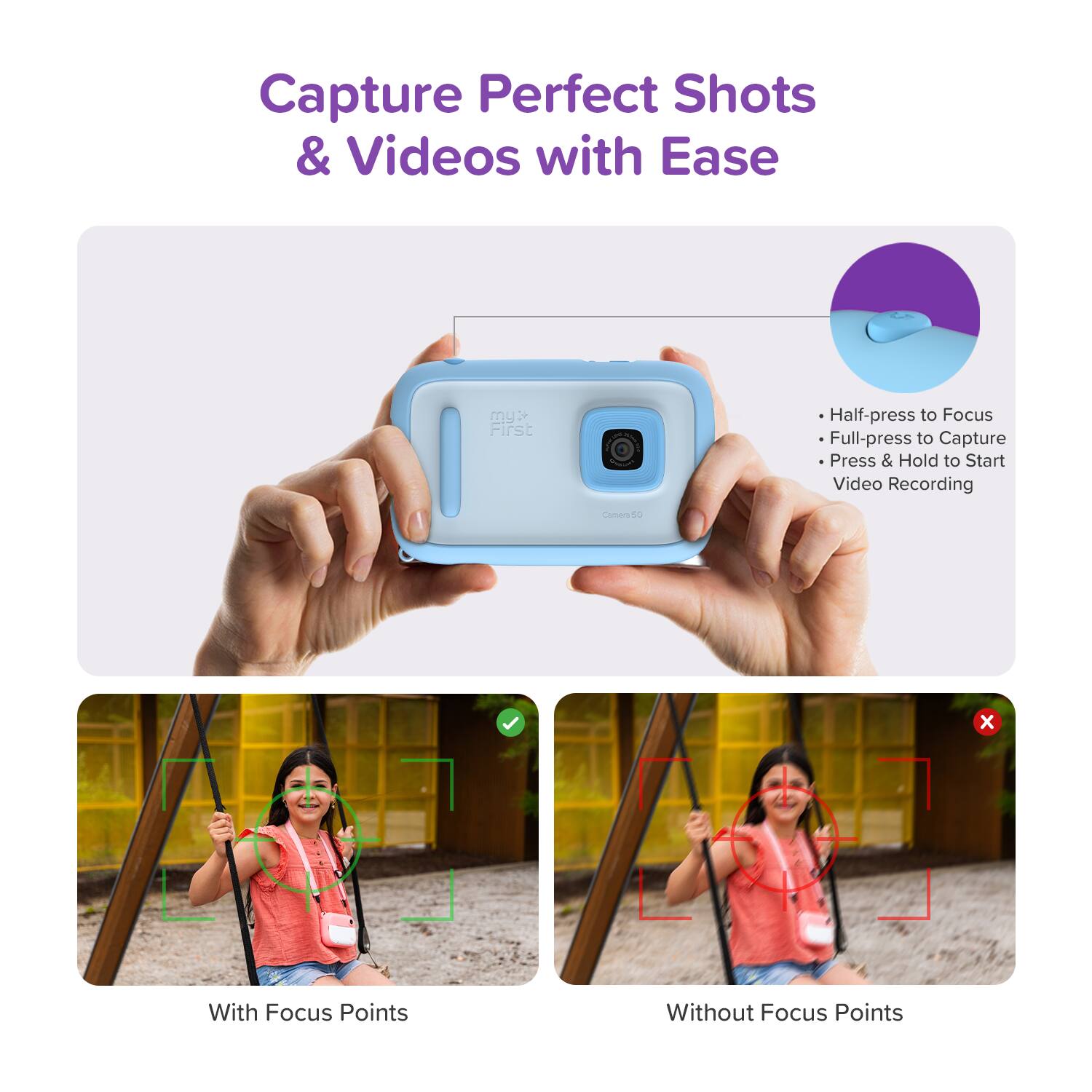 Capture Perfect Shots & Videos with Ease

- Half-press to Focus
- Full-press to Capture
- Press & Hold to Start Video Recording

With Focus Points

Without Focus Points