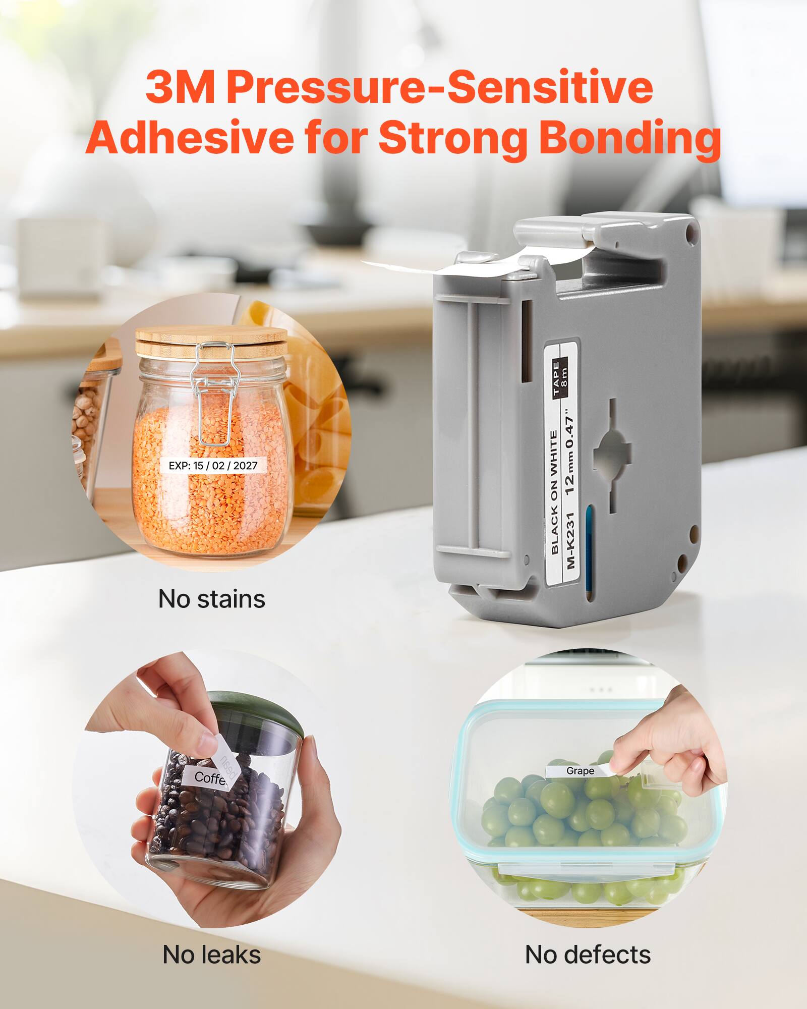 3M Pressure-Sensitive Adhesive for Strong Bonding

No stains

No leaks

No defects

EXP: 15/02/2027

BLACK ON WHITE M-K231

TAPE 8m 0.47" 12mm

Coffe

Grape