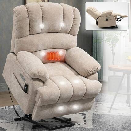 Front. Kadyn - Oversized Power Lift Recliner, 23" Wide Seat, Massage & Heat, USB Port, 350lb Capacity, Beige - Beige.