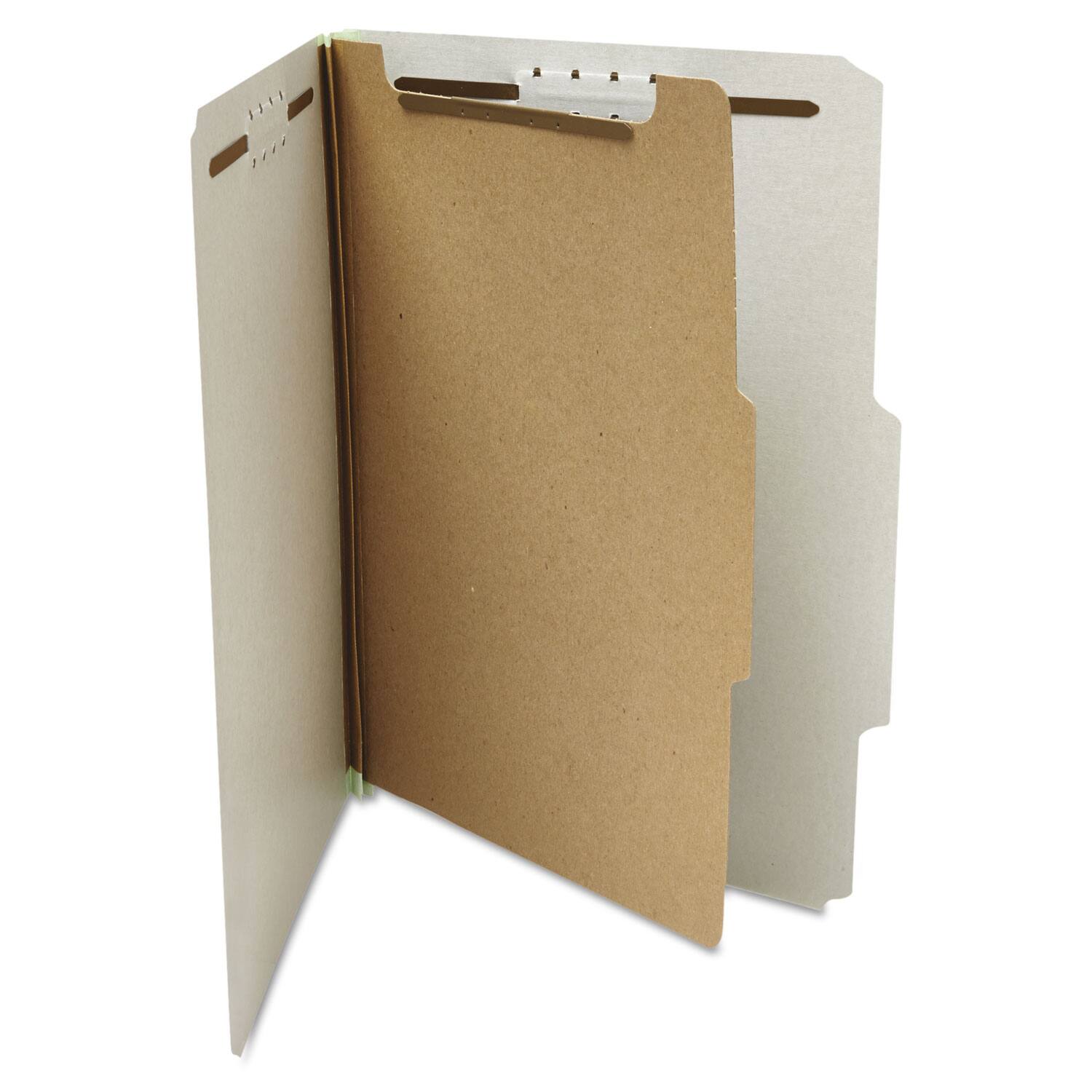 Back. Universal - Four-Section Pressboard Classification Folders, 2" Expansion, 1 Divider, 4 Fasteners, Letter Size, Gray Exterior, 10/Box.