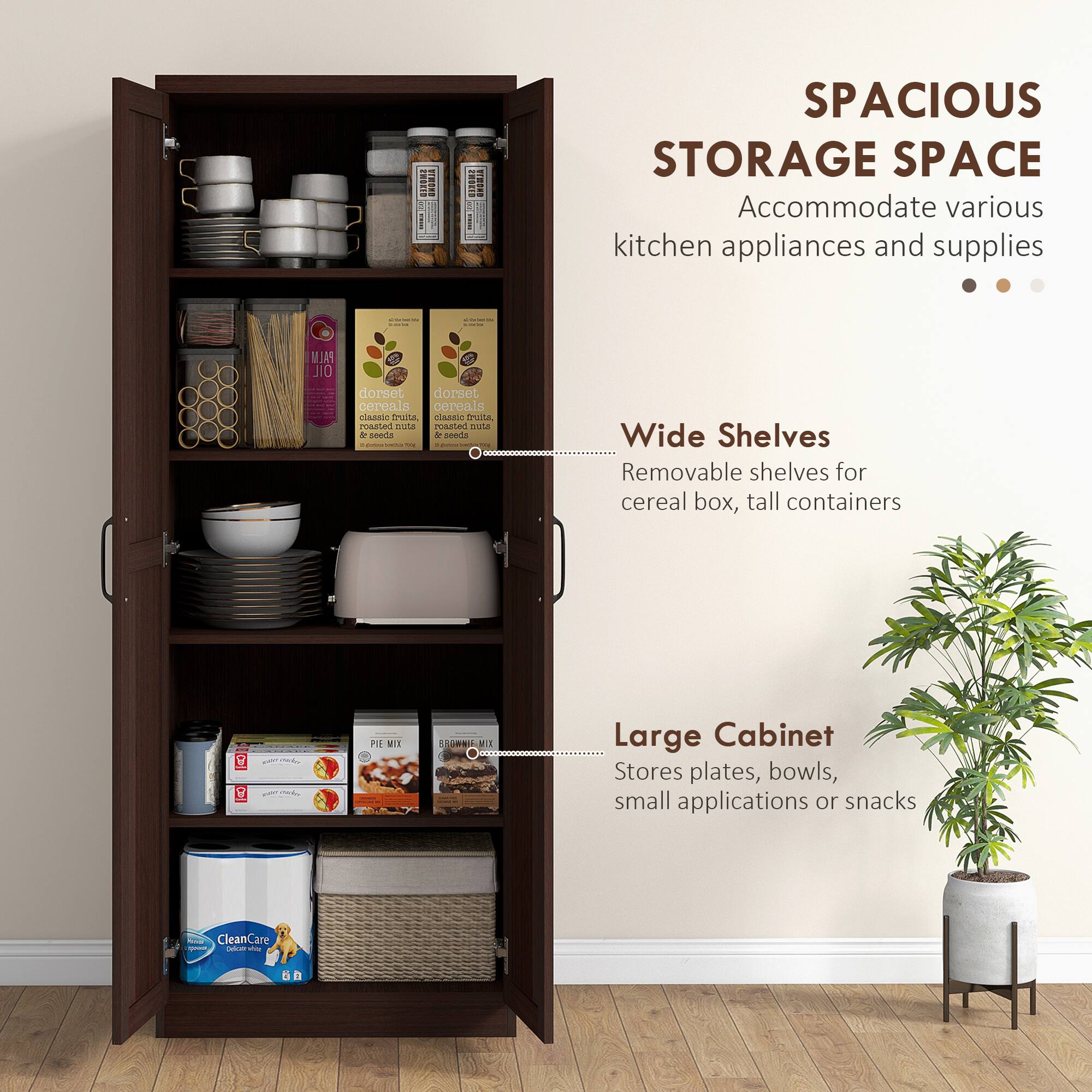 SPACIOUS STORAGE SPACE  
Accommodate various kitchen appliances and supplies

Wide Shelves  
Removable shelves for cereal box, tall containers

Large Cabinet  
Stores plates, bowls, small applications or snacks