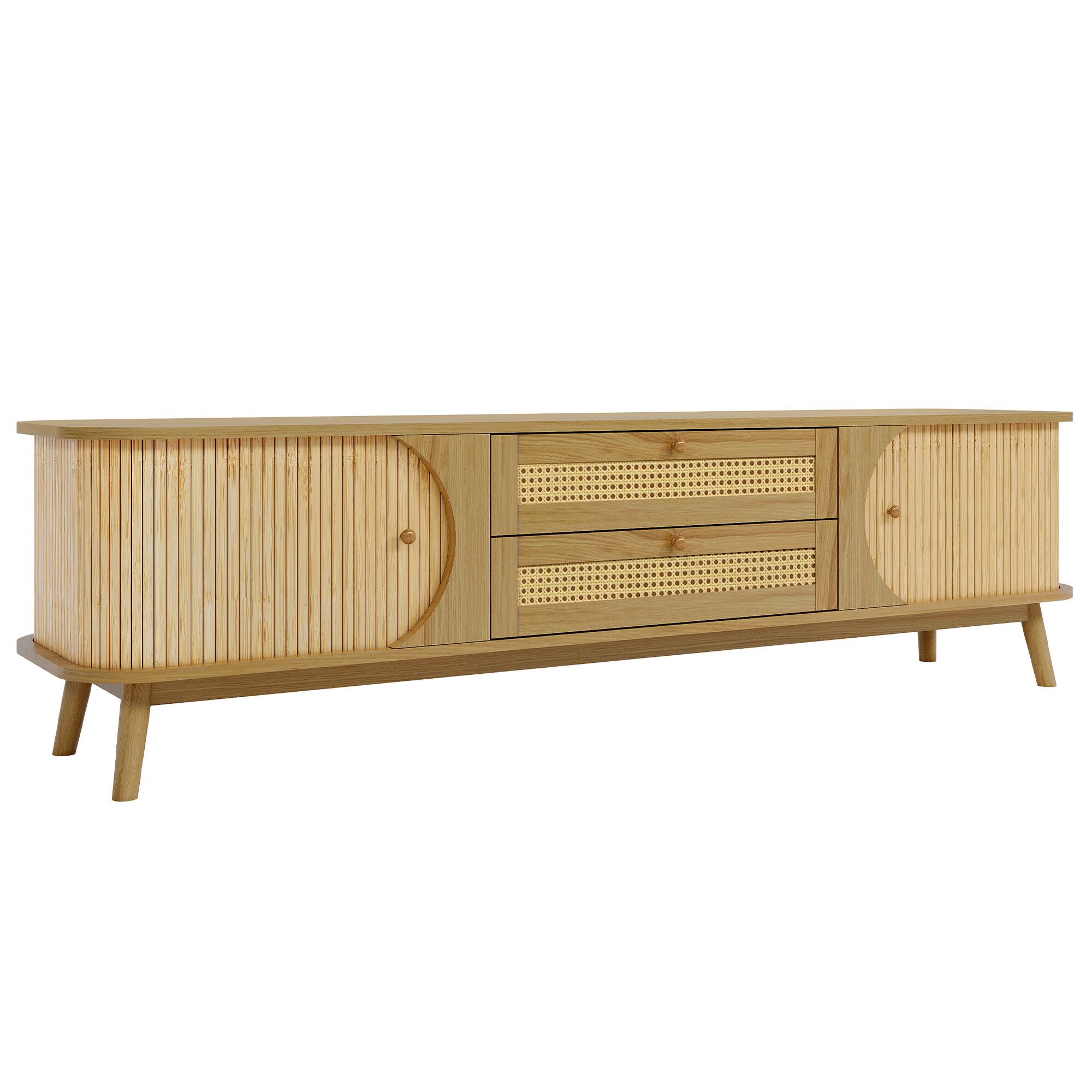 Alt View 6. Z-Edge - Mid Century TV Stand for TVs up to 75 Inches, Entertainment Center with 2 Drawers, Fluted Sliding Doors for Living Room - Natural.