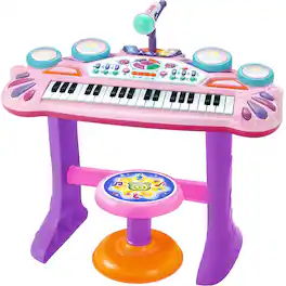 SKONYON - 37-Key Kids Electronic Piano Keyboard with Multiple Sound Modes, LED Lights, Built-in Microphone and Adjustable Stool