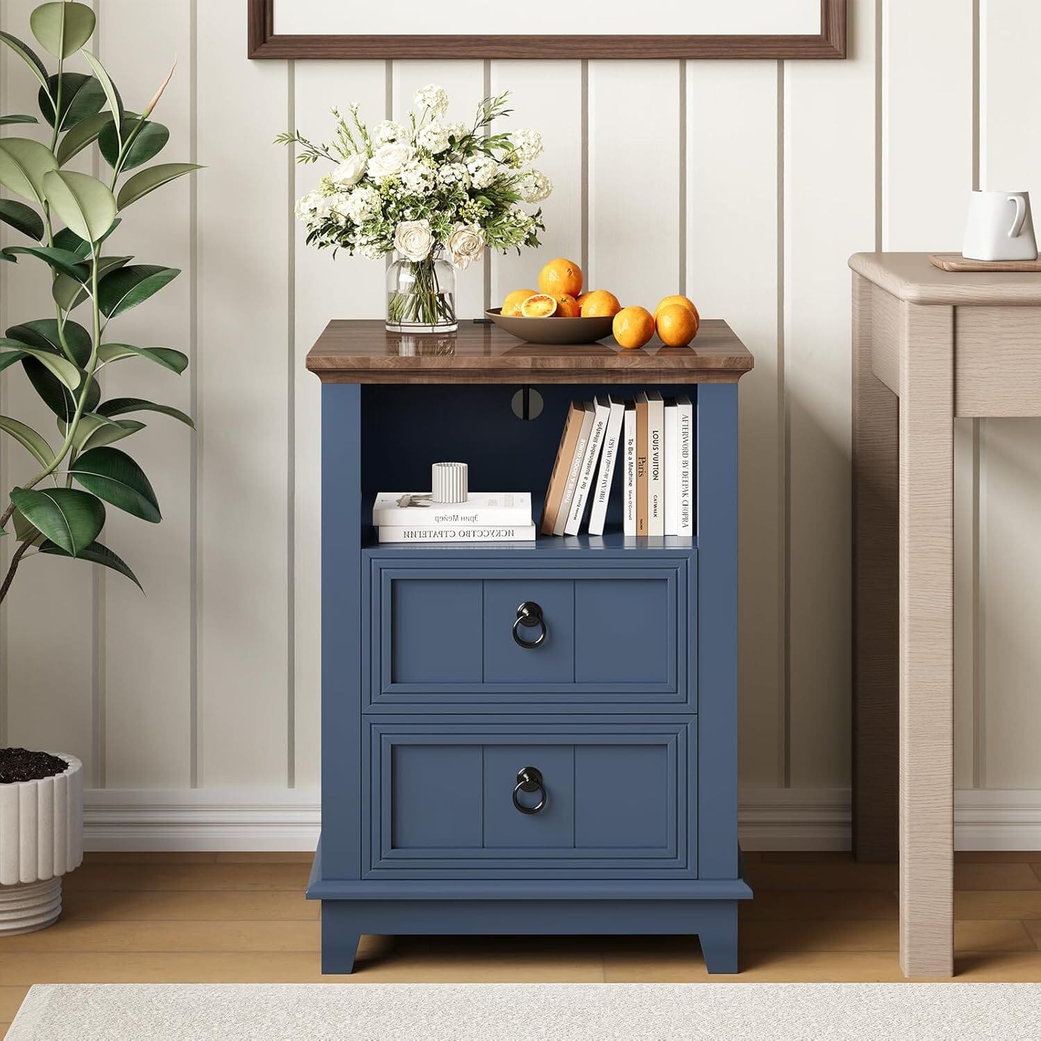 GARVEE - 18" Wood Nightstand with USB Charging Station, Modern Fluted Night Stand, 2 Drawer Filing Cabinet with Shelf, 1pcs - Blue