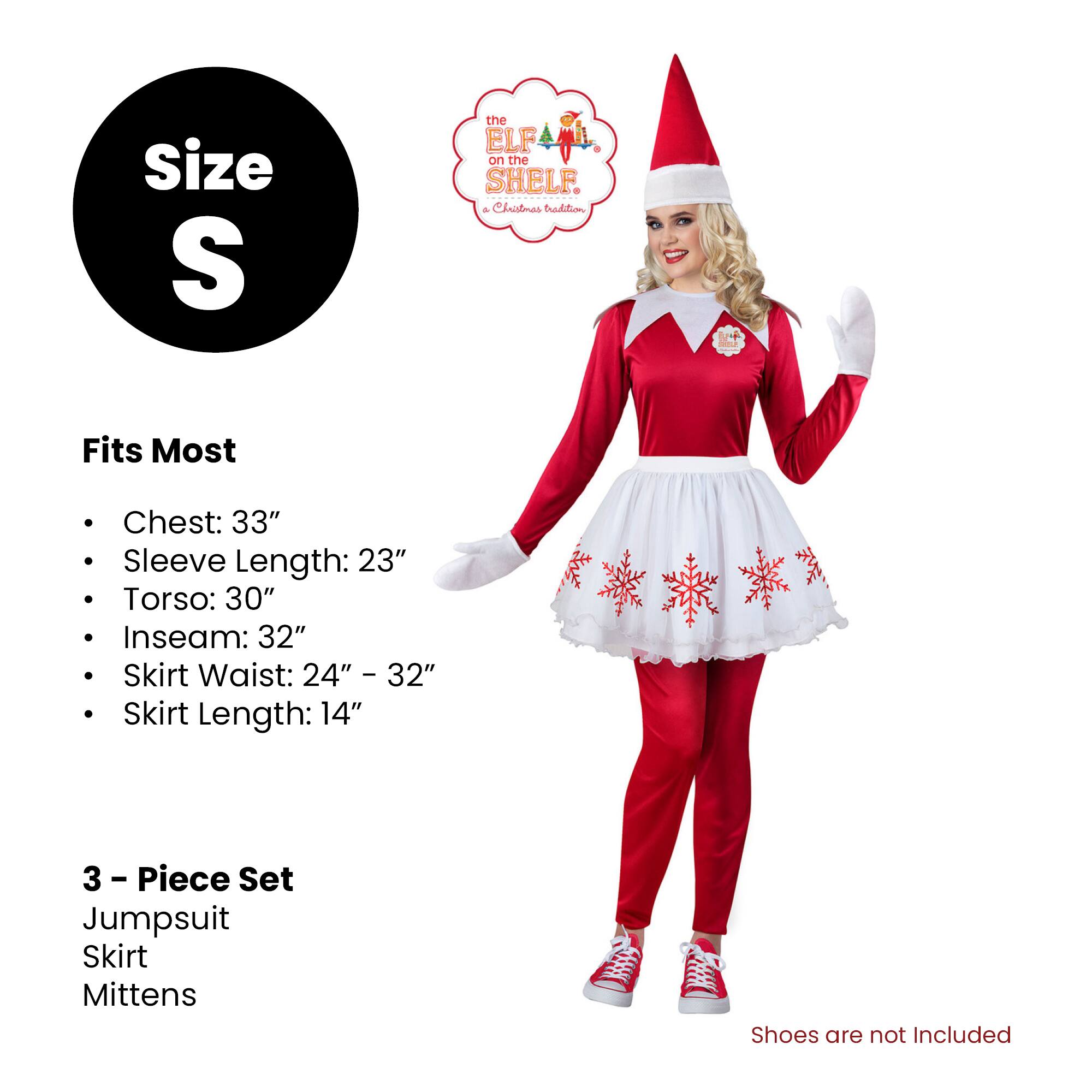 Size S

Fits Most
- Chest: 33"
- Sleeve Length: 23"
- Torso: 30"
- Inseam: 32"
- Skirt Waist: 24" – 32"
- Skirt Length: 14"

3 - Piece Set
- Jumpsuit
- Skirt
- Mittens

Shoes are not Included
