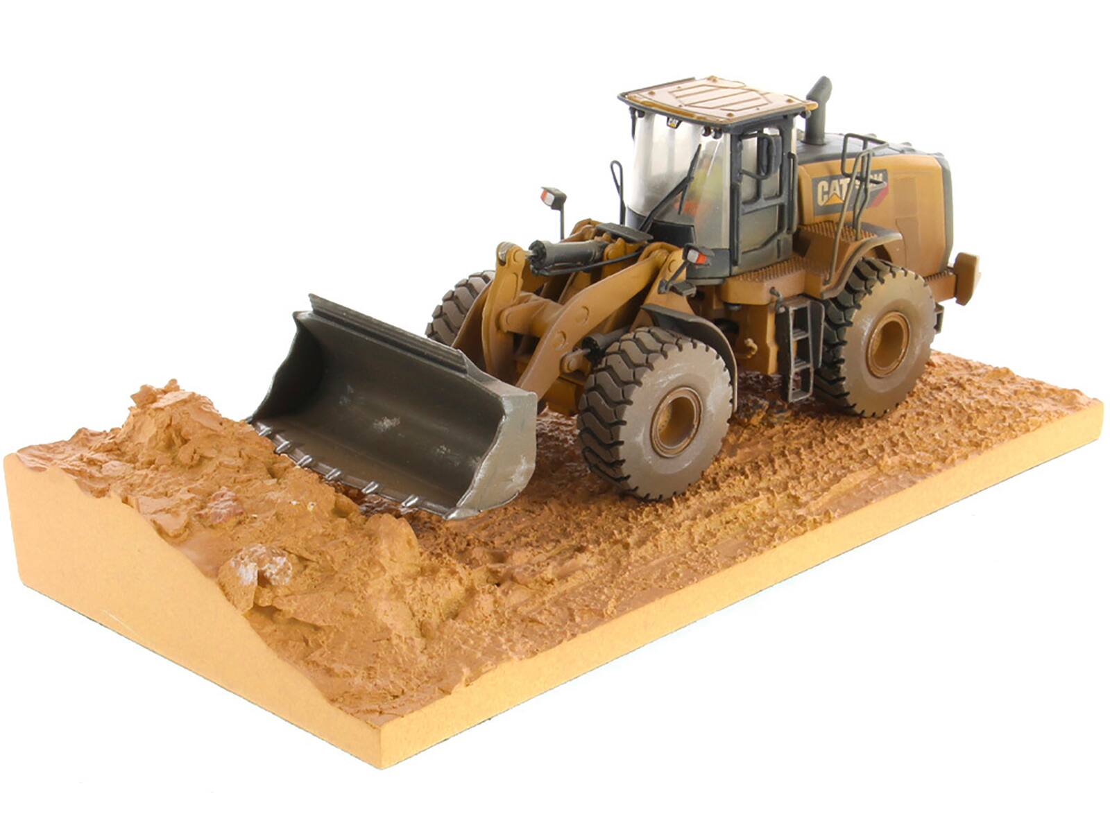 Alt View 1. Diecast Masters - CAT Caterpillar 966M Wheel Loader with Operator (Dirty Version) "Weathered" Series 1/50 Diecast Model by Diecast Masters.