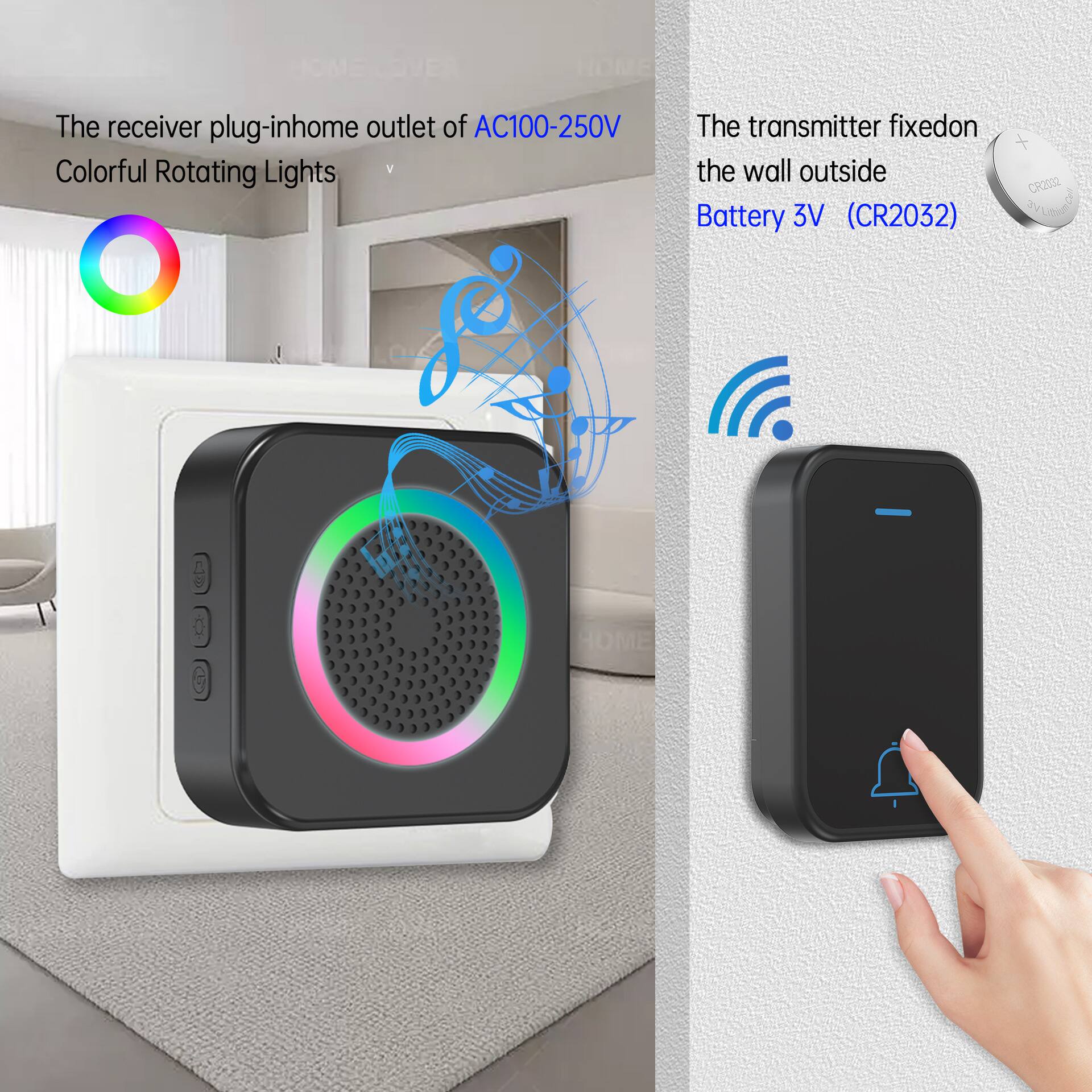 The receiver plug-in home outlet of AC100-250V Colorful Rotating Lights

The transmitter fixed on the wall outside Battery 3V (CR2032)