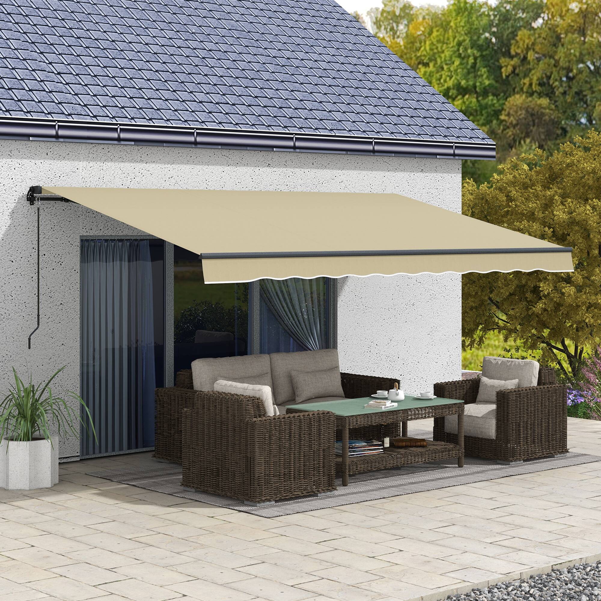 Alt View 1. Outsunny - 16' x 10' Retractable Awning, Patio Awning Sunshade Shelter with Manual Crank Handle - Beige.