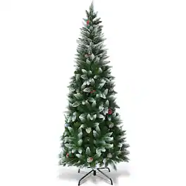 Costway - 6 ft Frosted Pencil Christmas Tree Hinged with 29 Pine Cones - Green/White