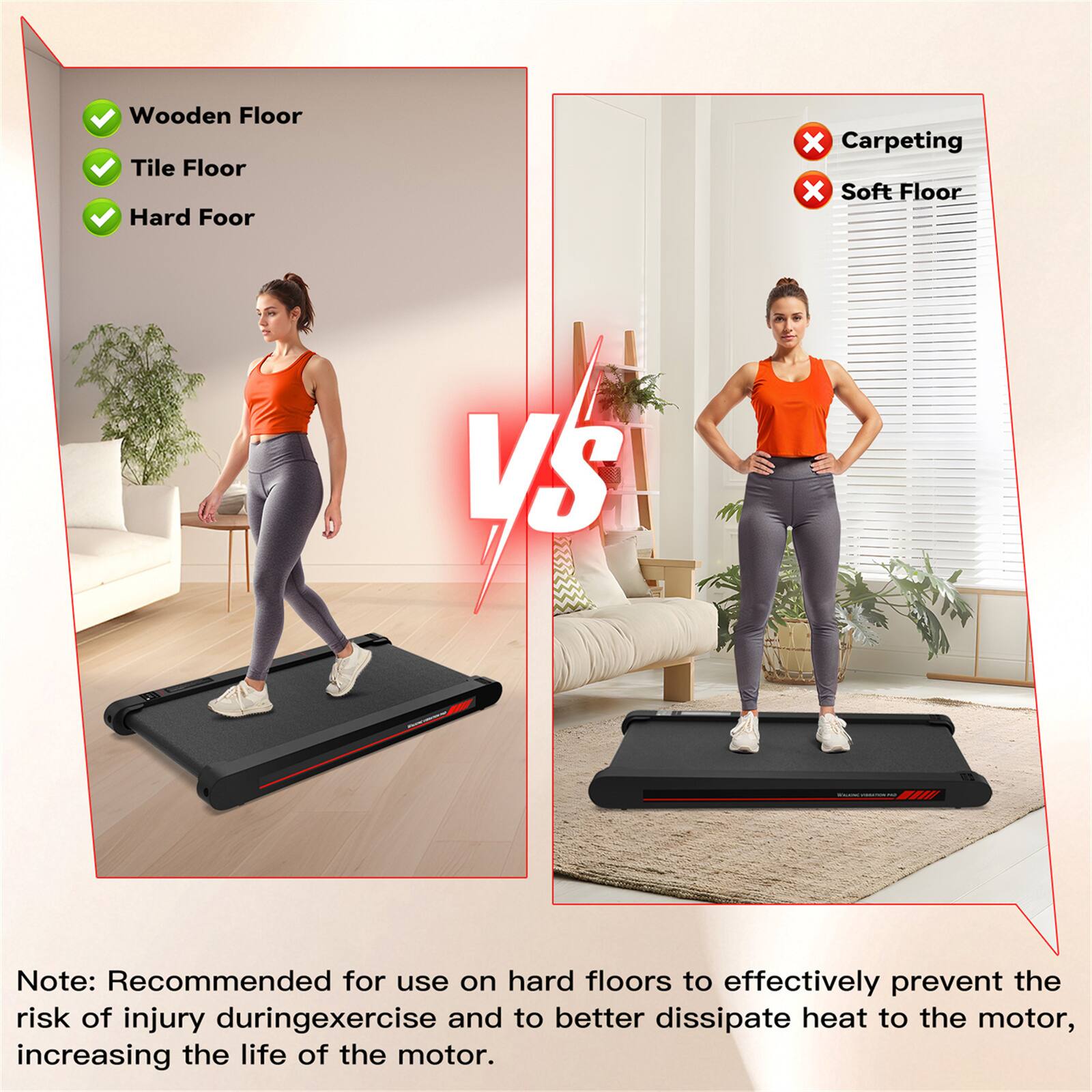 Wooden Floor  
Tile Floor  
Hard Floor  

Carpeting  
Soft Floor  

Note: Recommended for use on hard floors to effectively prevent the risk of injury during exercise and to better dissipate heat to the motor, increasing the life of the motor.