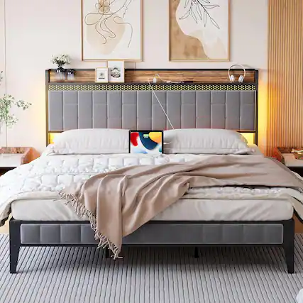 Front. Qeetex - Gray Upholstered Bed Frame with LED Lights, Charging Station & Storage Headboard, No Box Spring Needed - Gray.