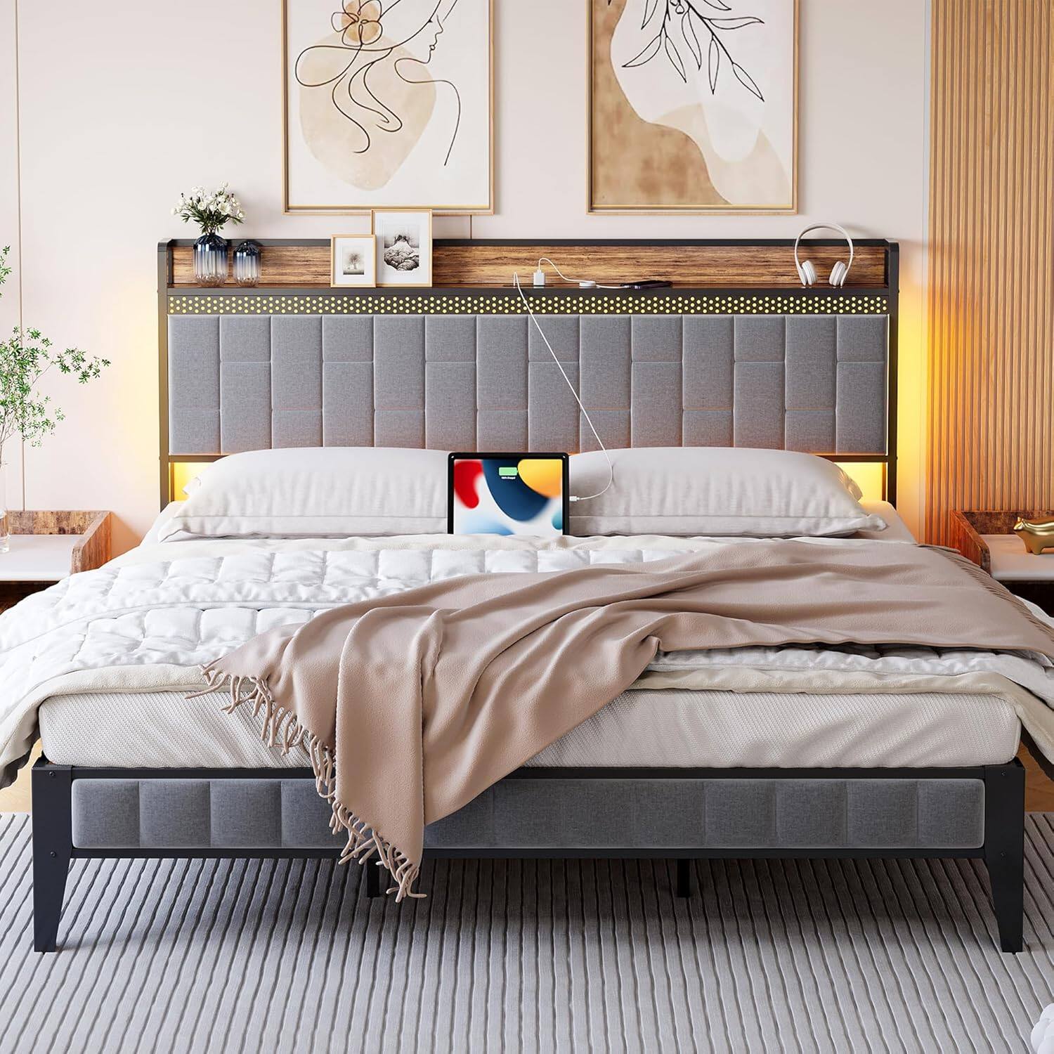 Front. Qeetex - Gray Upholstered Bed Frame with LED Lights, Charging Station & Storage Headboard, No Box Spring Needed - Gray.