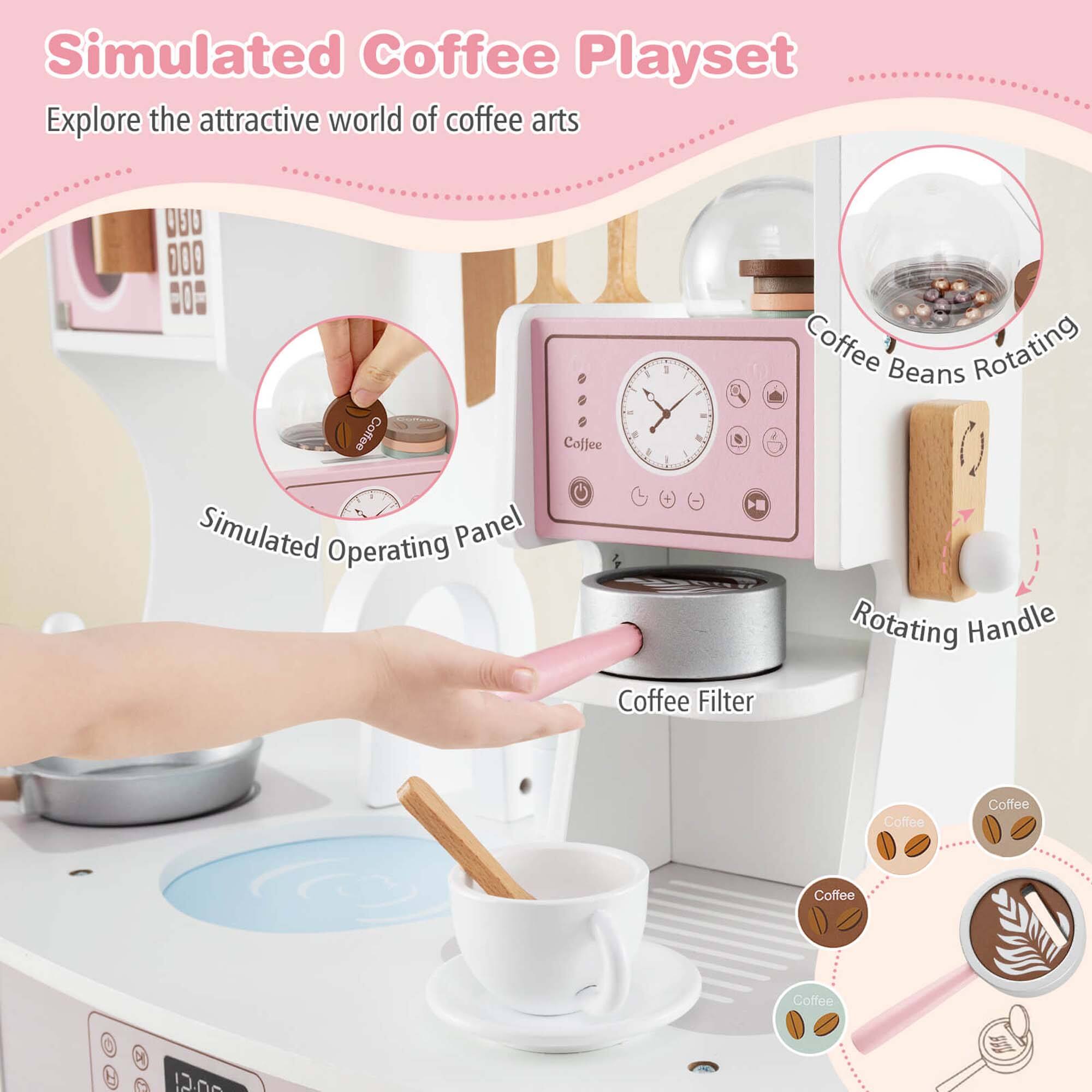 Simulated Coffee Playset  
Explore the attractive world of coffee arts  

- Coffee Beans Rotating  
- Simulated Operating Panel  
- Rotating Handle  
- Coffee Filter  
- Coffee