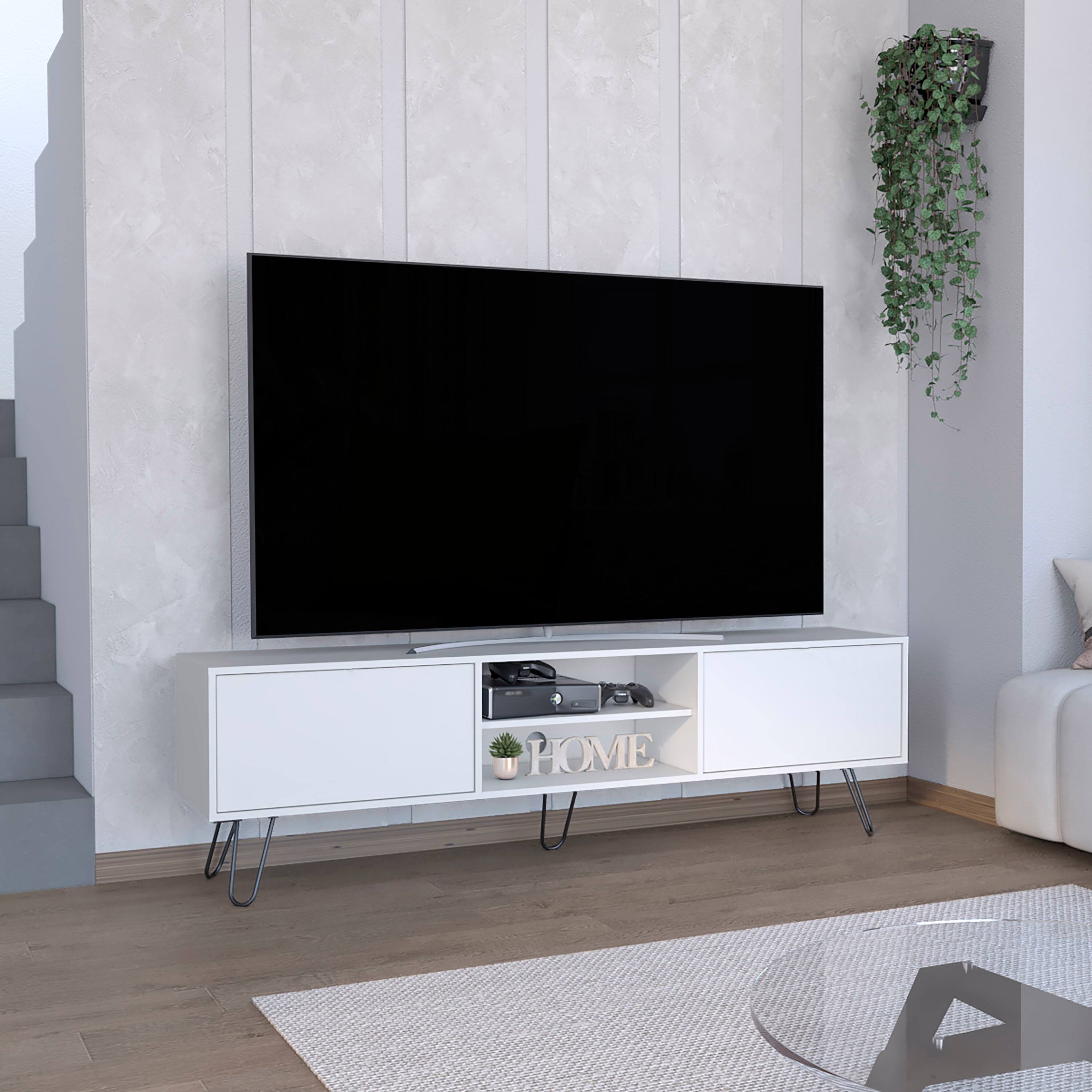 Angle. Spaco - Spaco 55-Inch TV Stand with 2 Drawers, Open Shelves, Cable Management and Industrial Hairpin Legs, for Living Room - White.