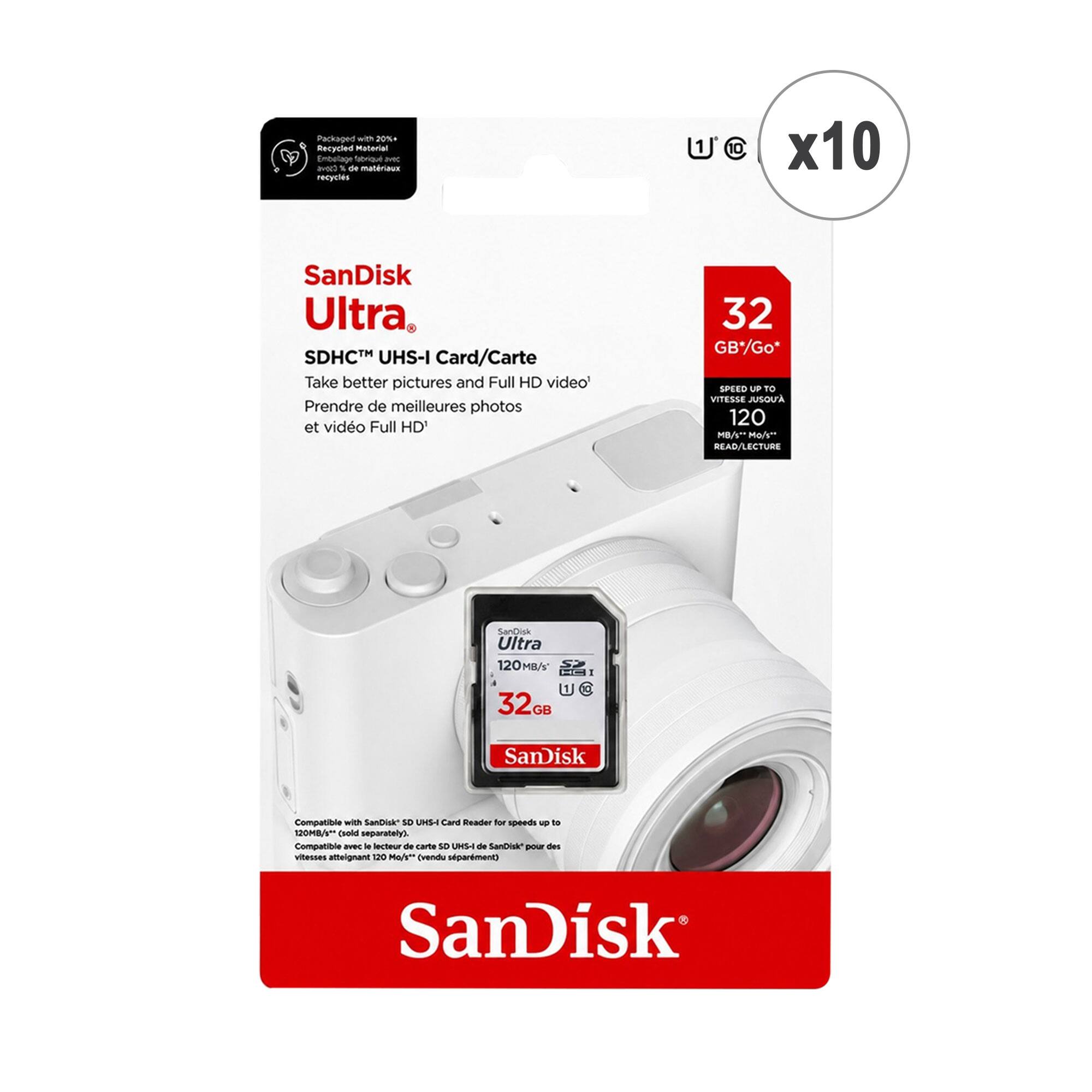 Packaged with 20% Recycled Material

SanDisk Ultra
SDHC™ UHS-I Card/Carte
Take better pictures and Full HD video
Prendre de meilleures photos et vidéo Full HD

32 GB/Go*
SPEED UP TO VITESSE JUSQU'A 120 MB/s READ/LECTURE

SanDisk Ultra 120 MB/s
32 GB

Compatible with SanDisk SD UHS-I Card Reader for speeds up to 120 MB/s* (sold separately)
Compatible avec le lecteur de carte SD UHS-I SanDisk pour des vitesses atteignant 120 Mo/s* (vendu séparément)