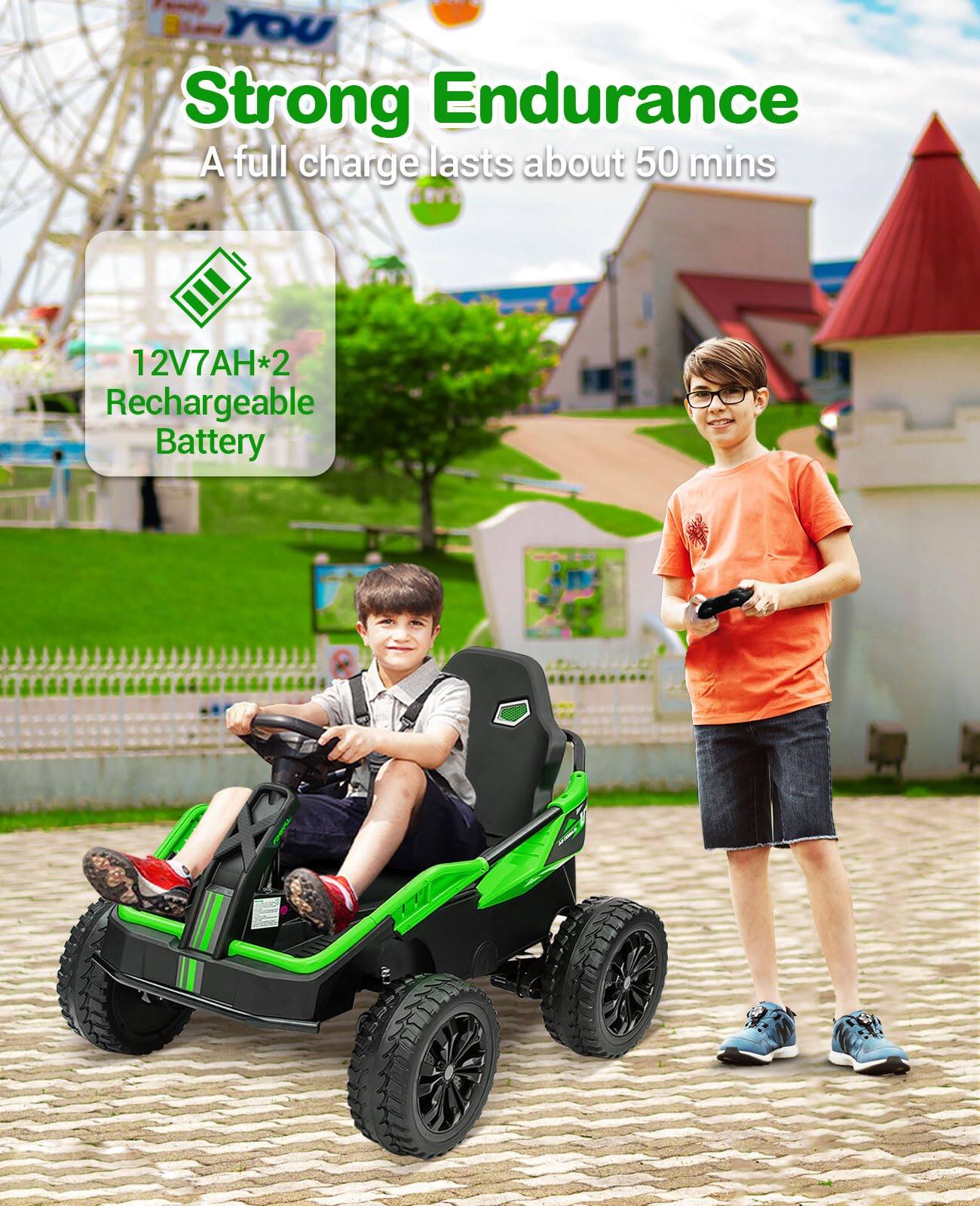 Strong Endurance  
A full charge lasts about 50 mins  

12V7AH*2 Rechargeable Battery
