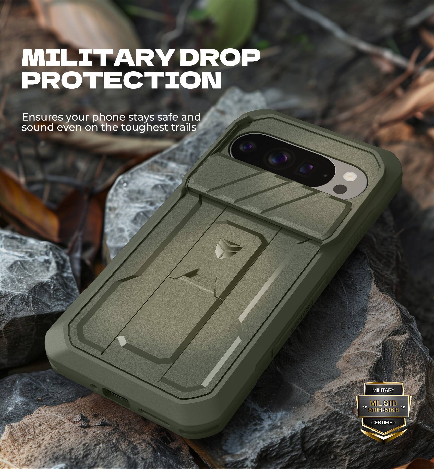 MILITARY DROP PROTECTION  
Ensures your phone stays safe and sound even on the toughest trails  

MILITARY  
MIL STD 810H-516.8 CERTIFIED
