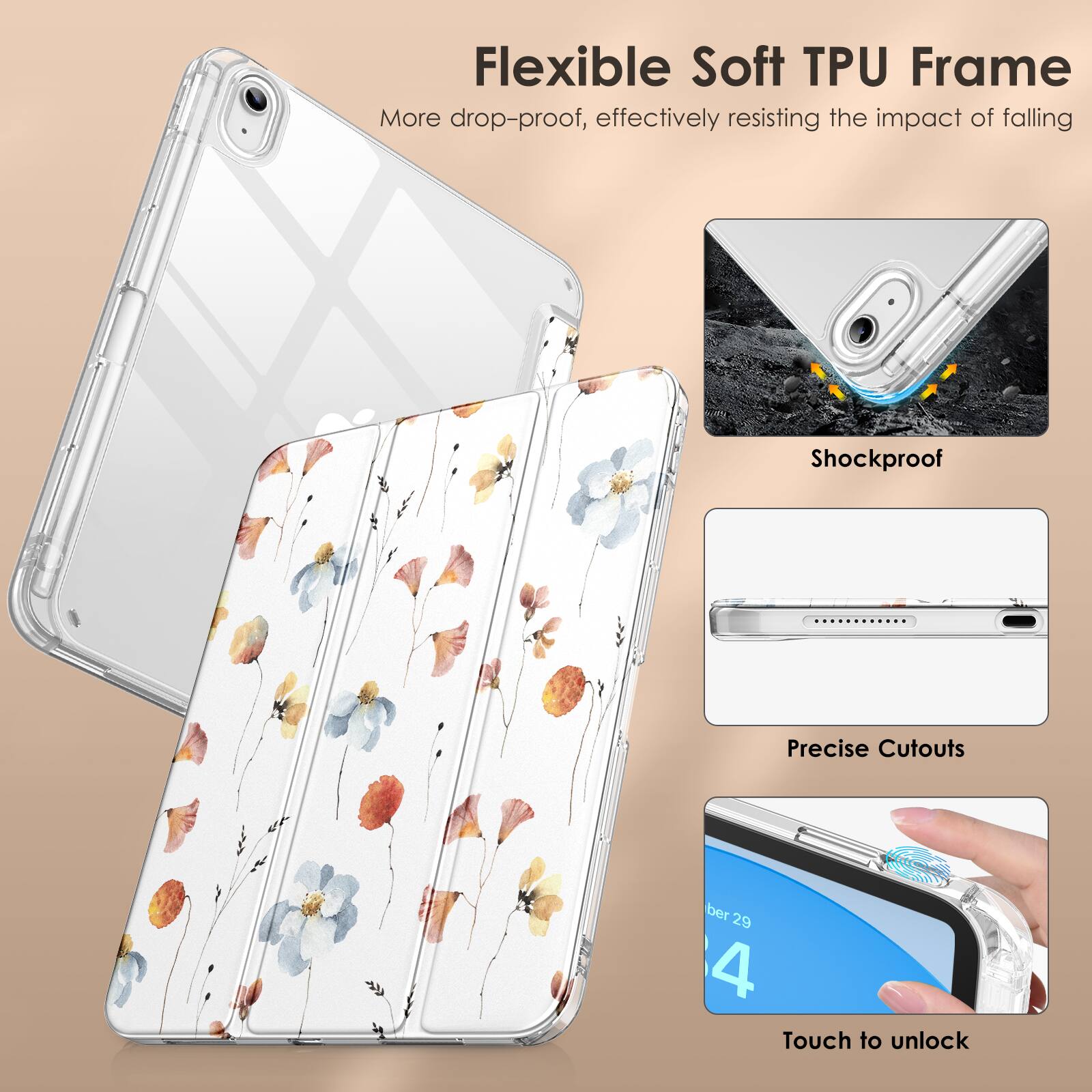 Flexible Soft TPU Frame  
More drop-proof, effectively resisting the impact of falling  

Shockproof  

Precise Cutouts  

Touch to unlock