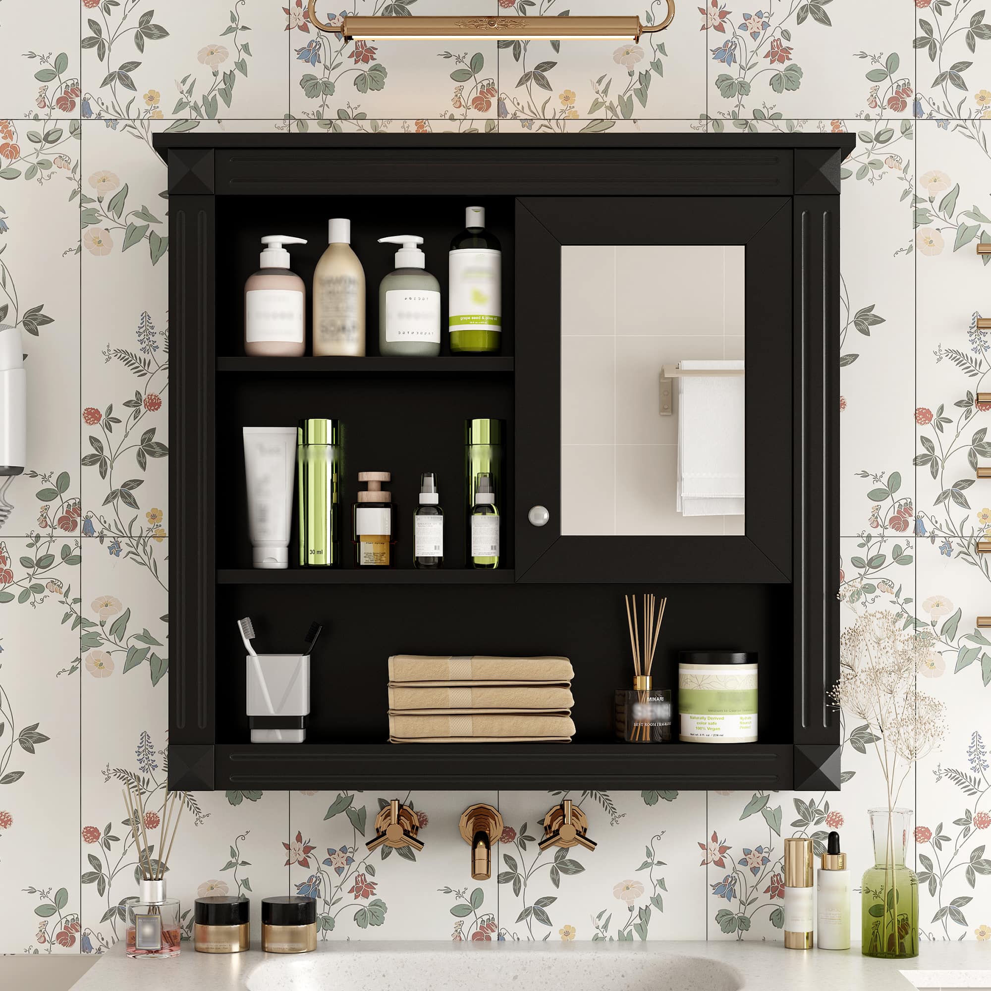 APRILSOUL - 32 inch Bathroom Wall Cabinet with Mirror Wall Mounted Medicine Cabinet with 4 Shelves - Black