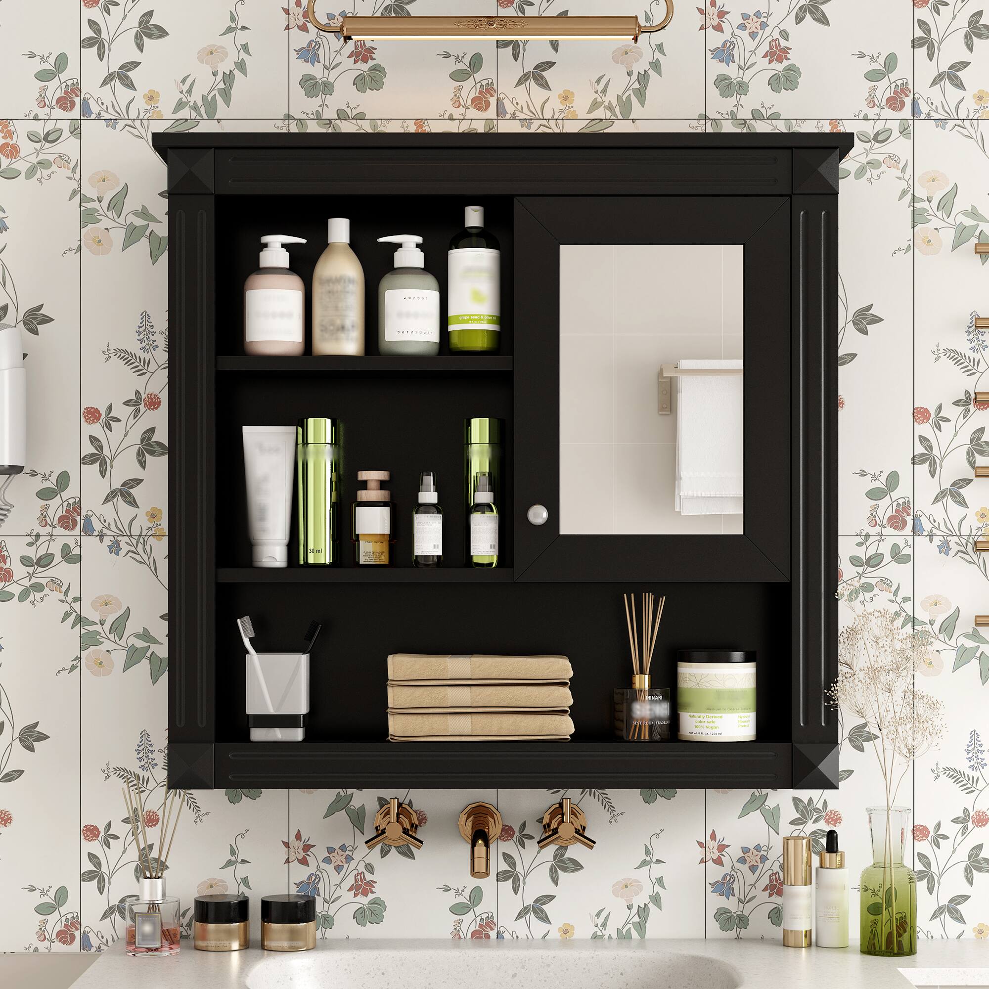 APRILSOUL - 32 inch Bathroom Wall Cabinet with Mirror Wall Mounted Medicine Cabinet with 4 Shelves - Black