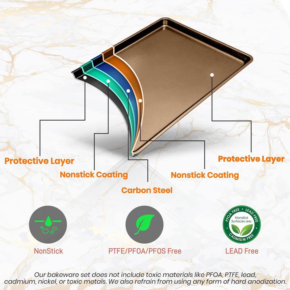 Protective Layer  
Nonstick Coating  
Carbon Steel  

Protective Layer  
Nonstick Coating  

NonStick  
PTFE/PFOA/PFOS Free  
LEAD Free  

Our bakeware set does not include toxic materials like PFOA, PTFE, lead, cadmium, nickel, or toxic metals. We also refrain from using any form of hard anodization.