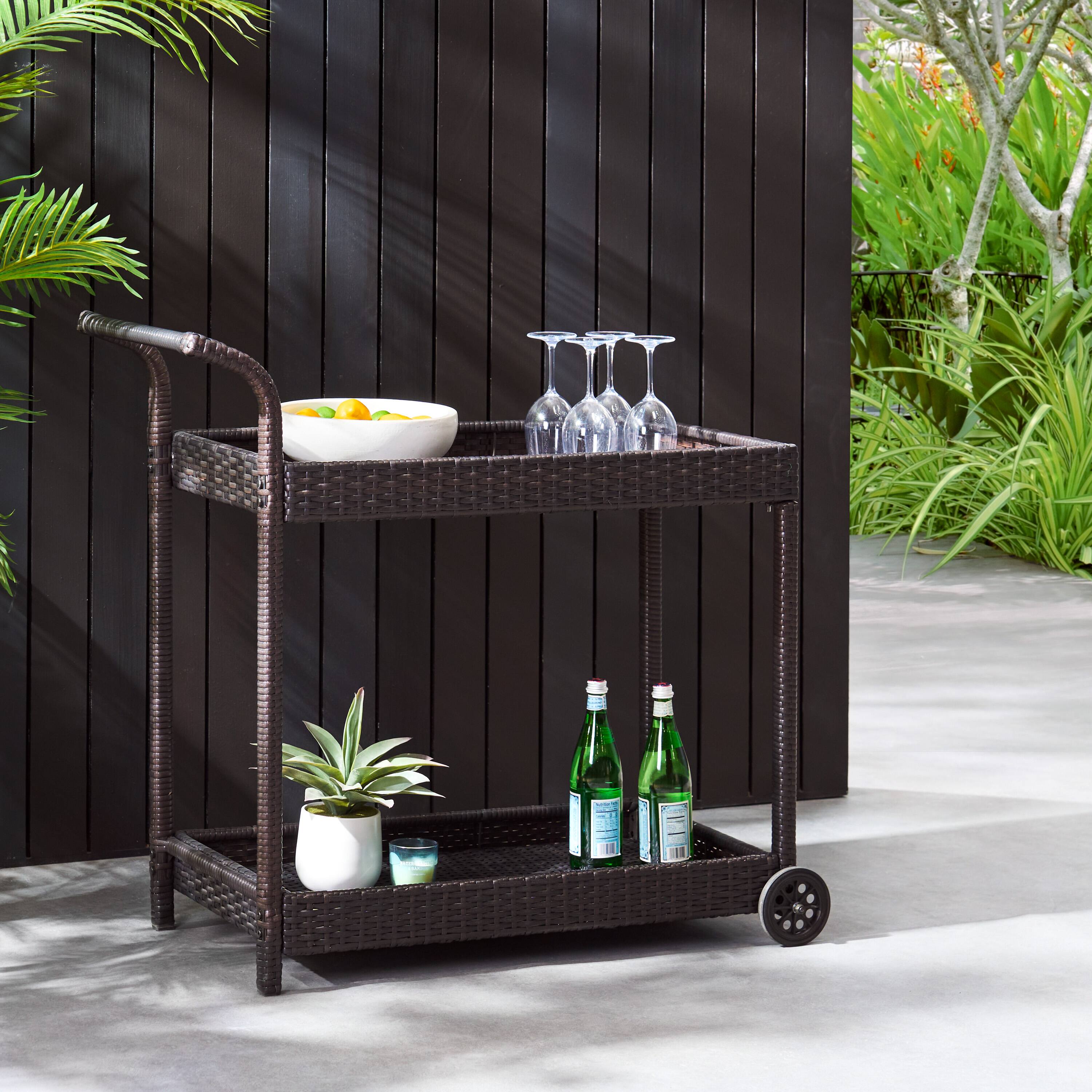 Front. APRILSOUL - Wicker Rolling Bar Cart 38 Wide Mobile Outdoor Indoor Serving Trolley Storage - Brown.