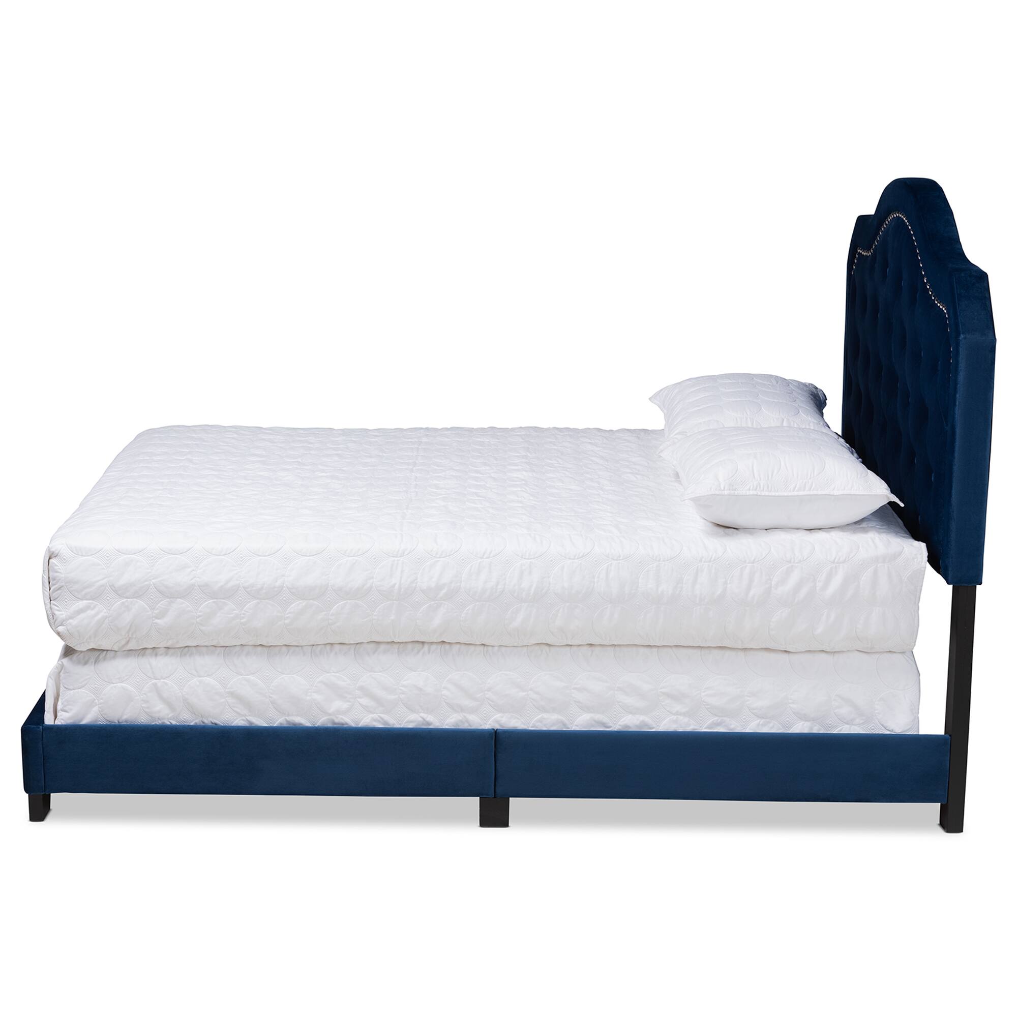 Angle. Baxton Studio - Samantha Modern and Contemporary Velvet Fabric Upholstered Queen Size Button Tufted Bed - Navy Blue/Black.