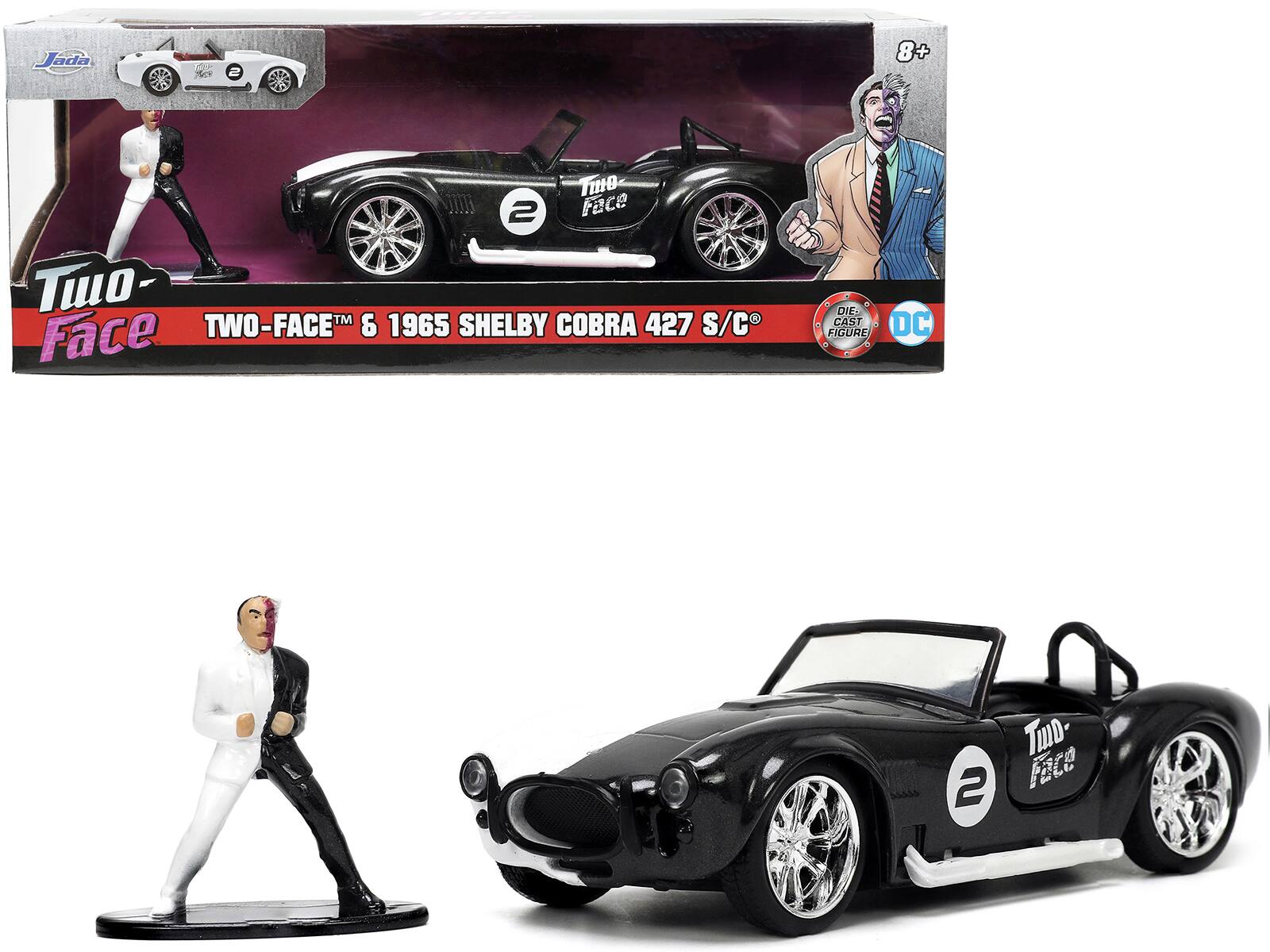 Jada - 1965 Shelby Cobra 427 S/C #2 Black Metallic White w/ Harvey Two-Face Figure Batman Hollywood Rides 1/32 Diecast - Black Metallic And White