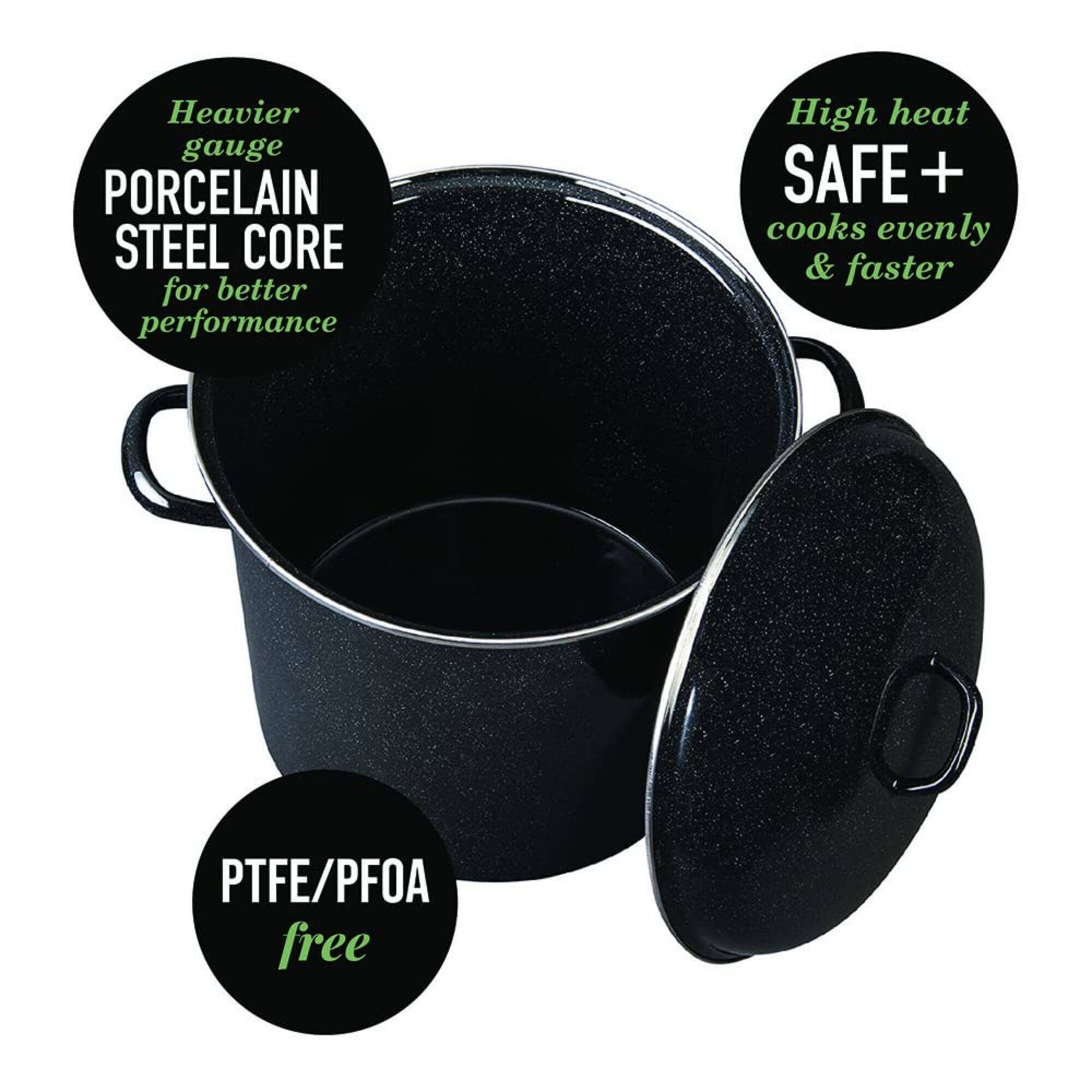 Heavier gauge PORCELAIN STEEL CORE for better performance  
High heat SAFE + cooks evenly & faster  
PTFE/PFOA free
