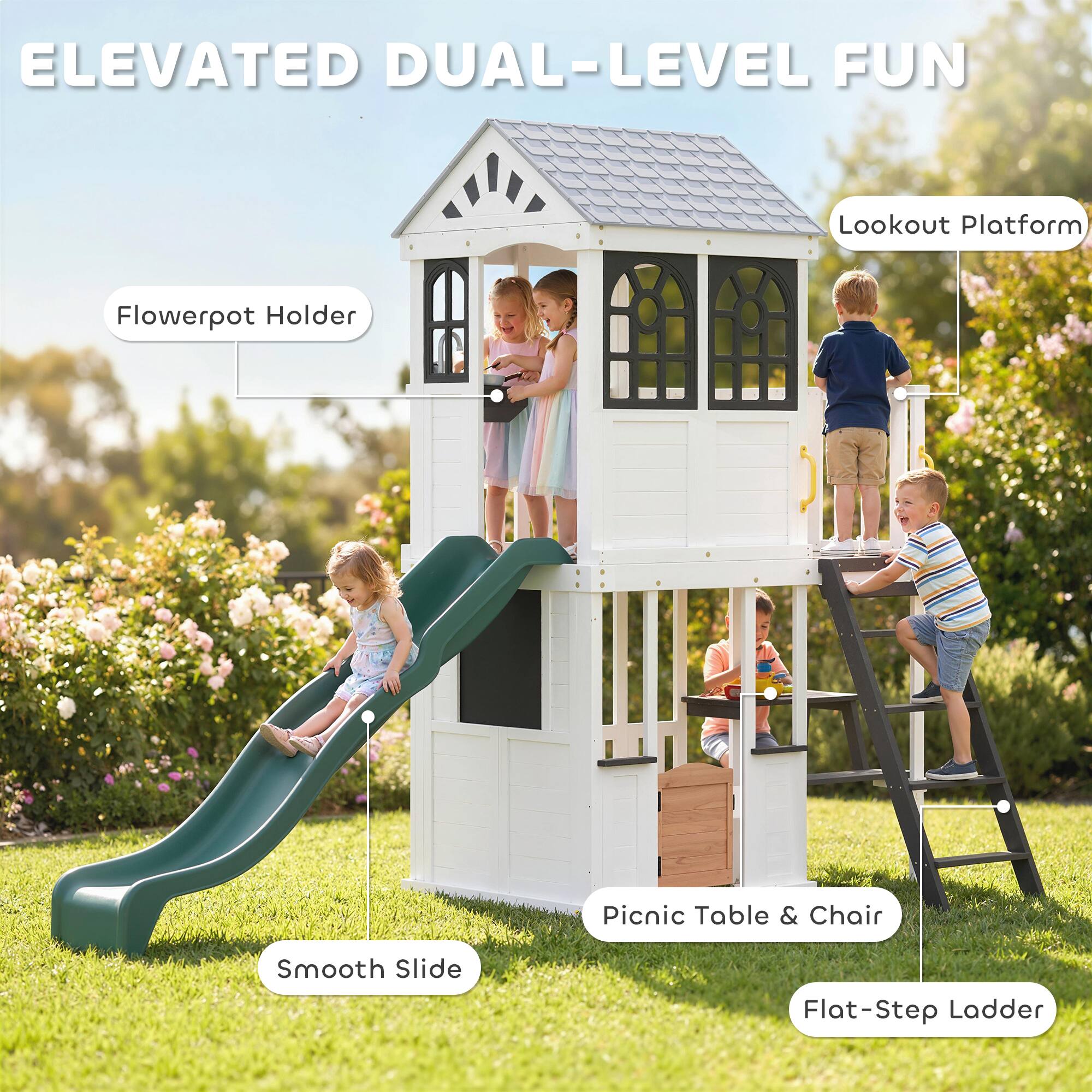 ELEVATED DUAL-LEVEL FUN

- Flowerpot Holder
- Lookout Platform
- Smooth Slide
- Picnic Table & Chair
- Flat-Step Ladder
