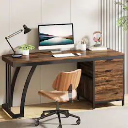 Tribesigns - Office Computer Desk with Metal Frame, Storage Drawers, for Computer Work, Writing and Study in Home Offices - Brown