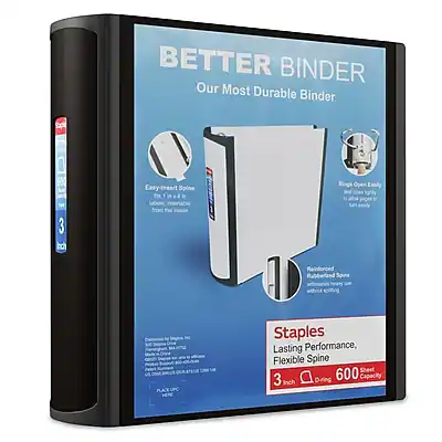 BETTER BINDER
Our Most Durable Binder
- Easy-Insert Spine: Fits 1/4" and 1/2" rings
- Ring Open Easily: No need to pull from the sides
- Reinforced Spine: Withstands heavy use and filling
- Staples: Lasting Performance, Flexible Spine
- 3 Inch
- 600 Sheet Capacity