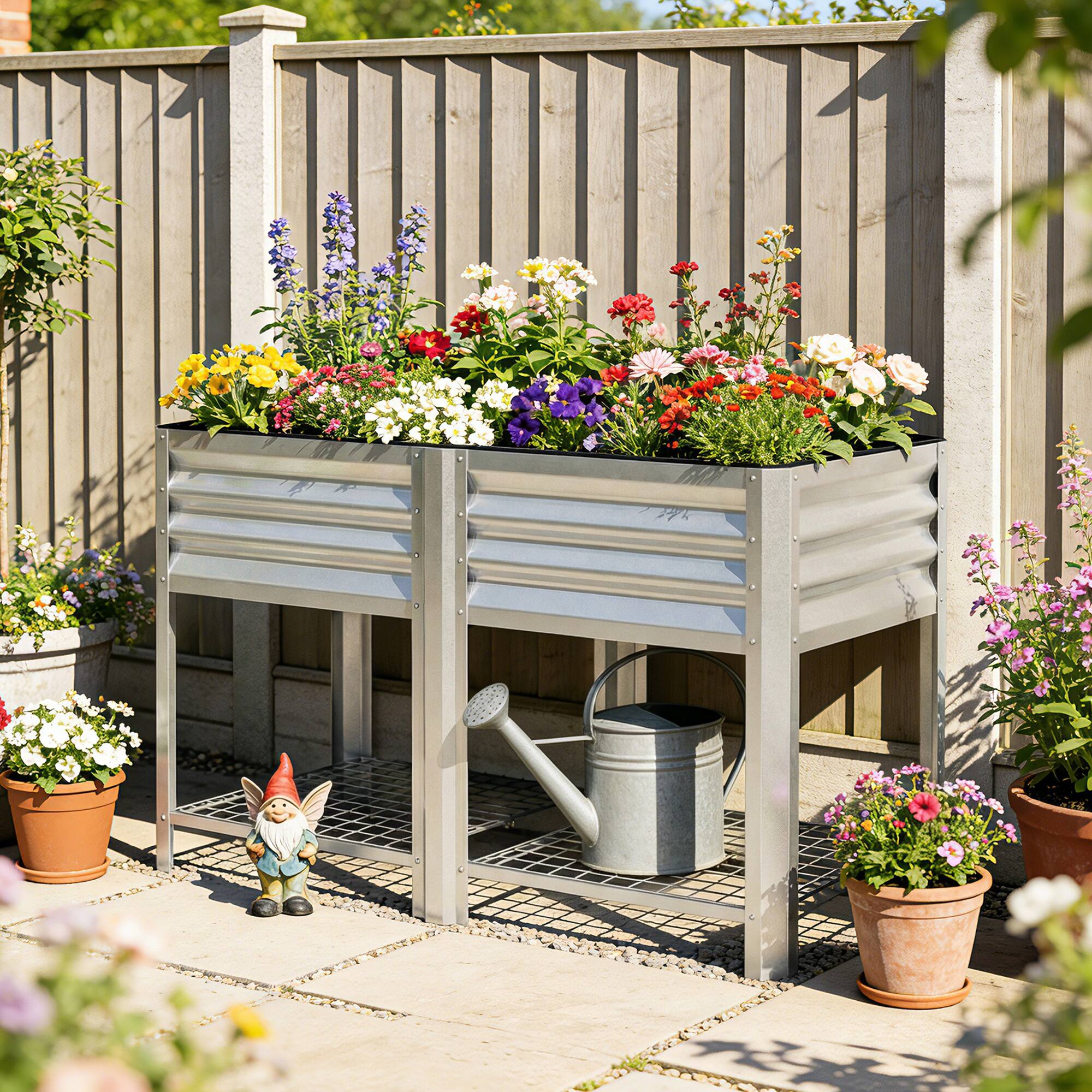 Alt View 1. Outsunny - Garden Bed Galvanized Steel, Elevated Planter Box with Storage Shelf, Bed Liner - Silver.