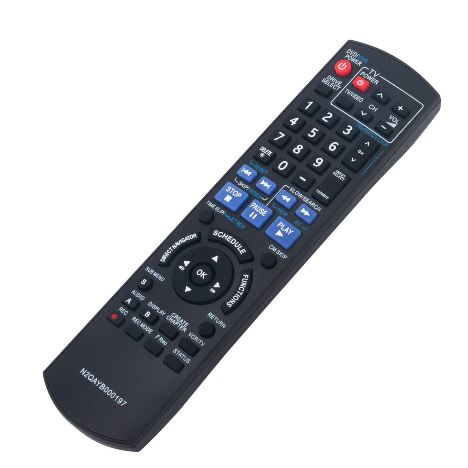 DVD/HS  
POWER  
DRIVE SELECT  
TV VIDEO  
1 CH +  
2 V  
4 VOL  
5  
3 TRACKING/V  
7 A DELETE  
8 6 CM *  
9 V  
LRESET 0  
- aitt LSKIP/ P SL STOP INDE BLOW/SEARCH  
FAV/TE TIME SL PAUSE SLI "  
REW HJET FF REW PLAY  
NAVIGATOR SCHEDULE C DIRECT SKIP SUB 4 MENU OK  
S A AUDIO DISPLAY FUNCTIONS REC  
REC CREATE RETURN MODE F  
VCR/TV FRec STATUS  
N2QAYB000197