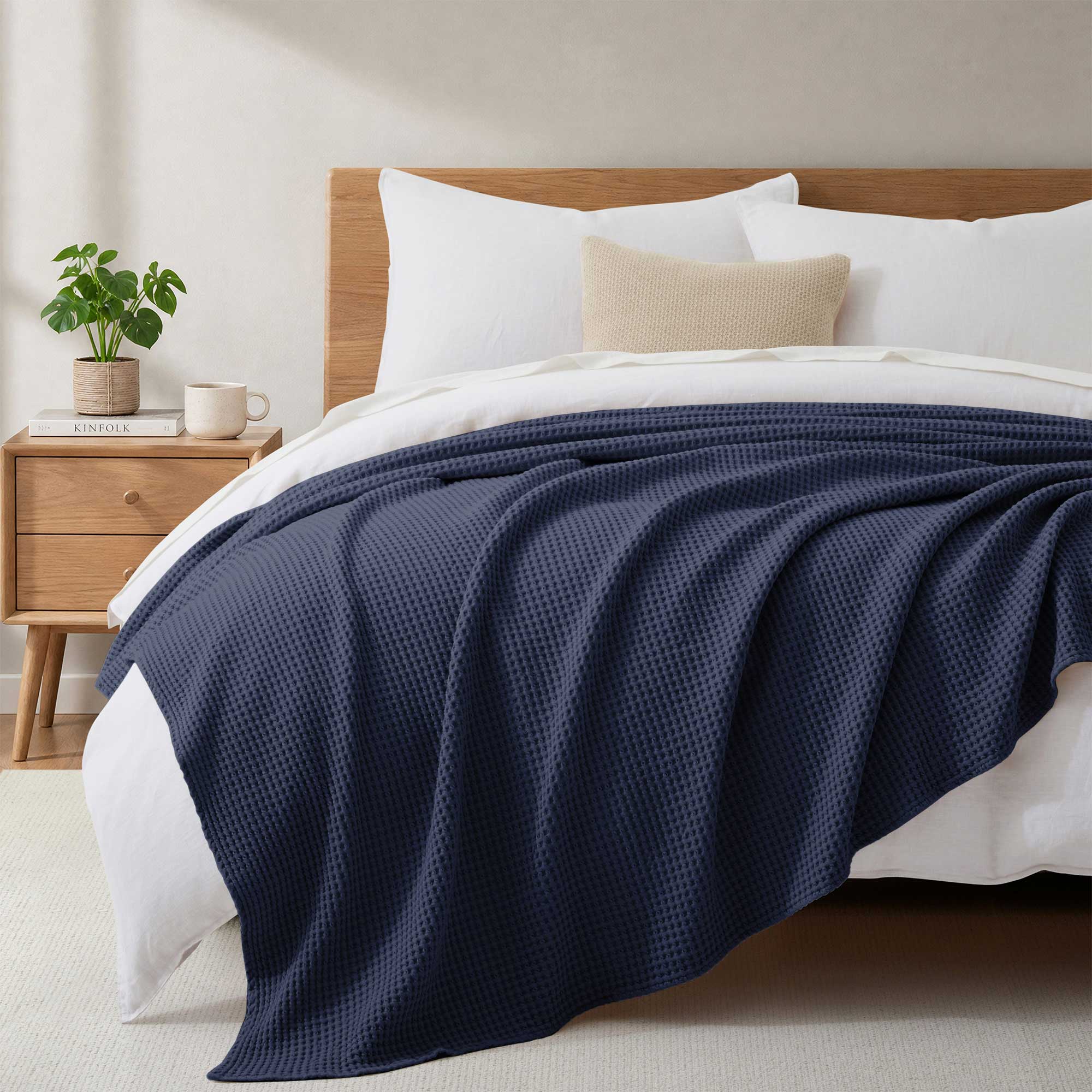 Front. Peace Nest - Peace Nest 100% Egyptian Cotton Waffle Textured Throw Blanket, Navy, Twin - Navy.