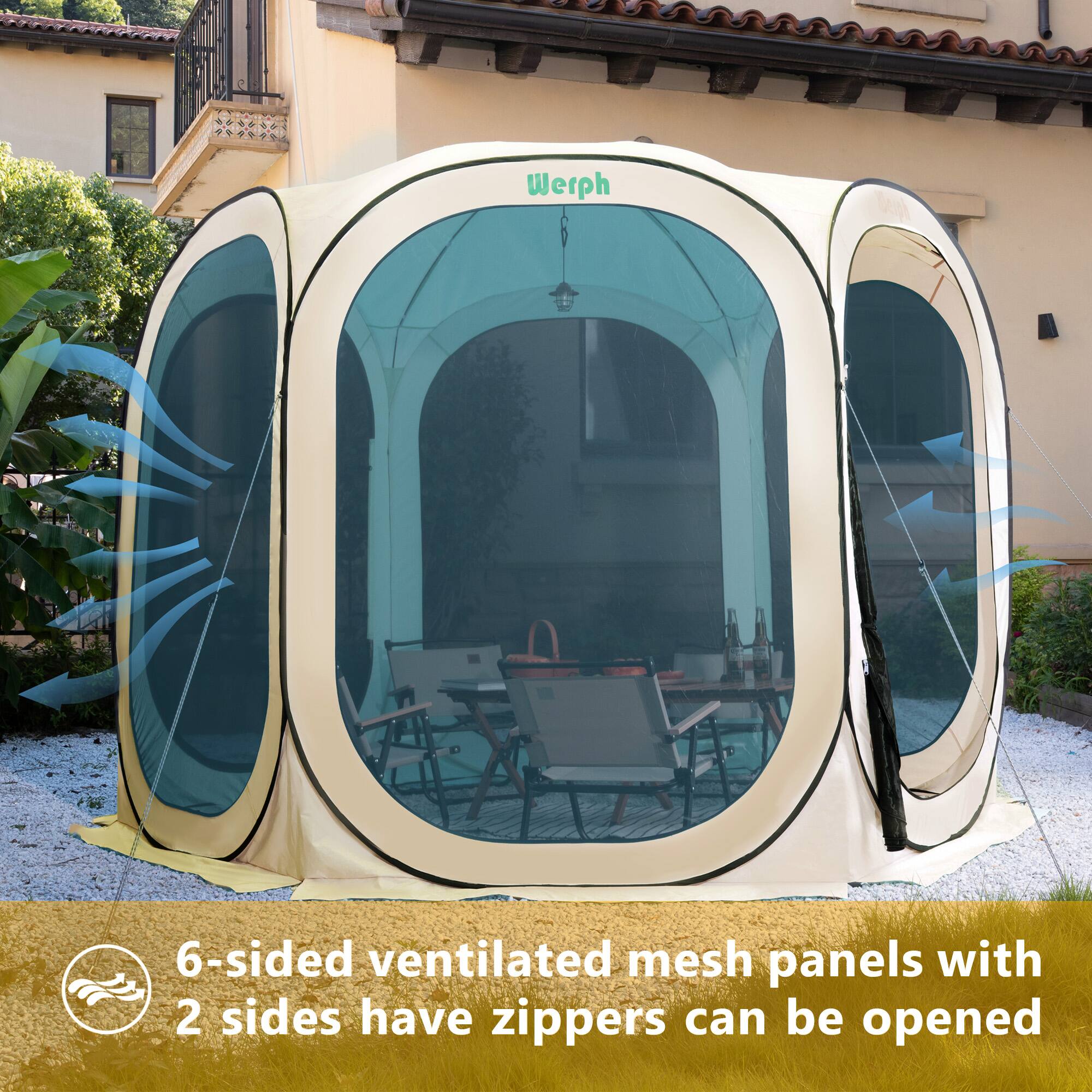 6-sided ventilated mesh panels with 2 sides have zippers can be opened