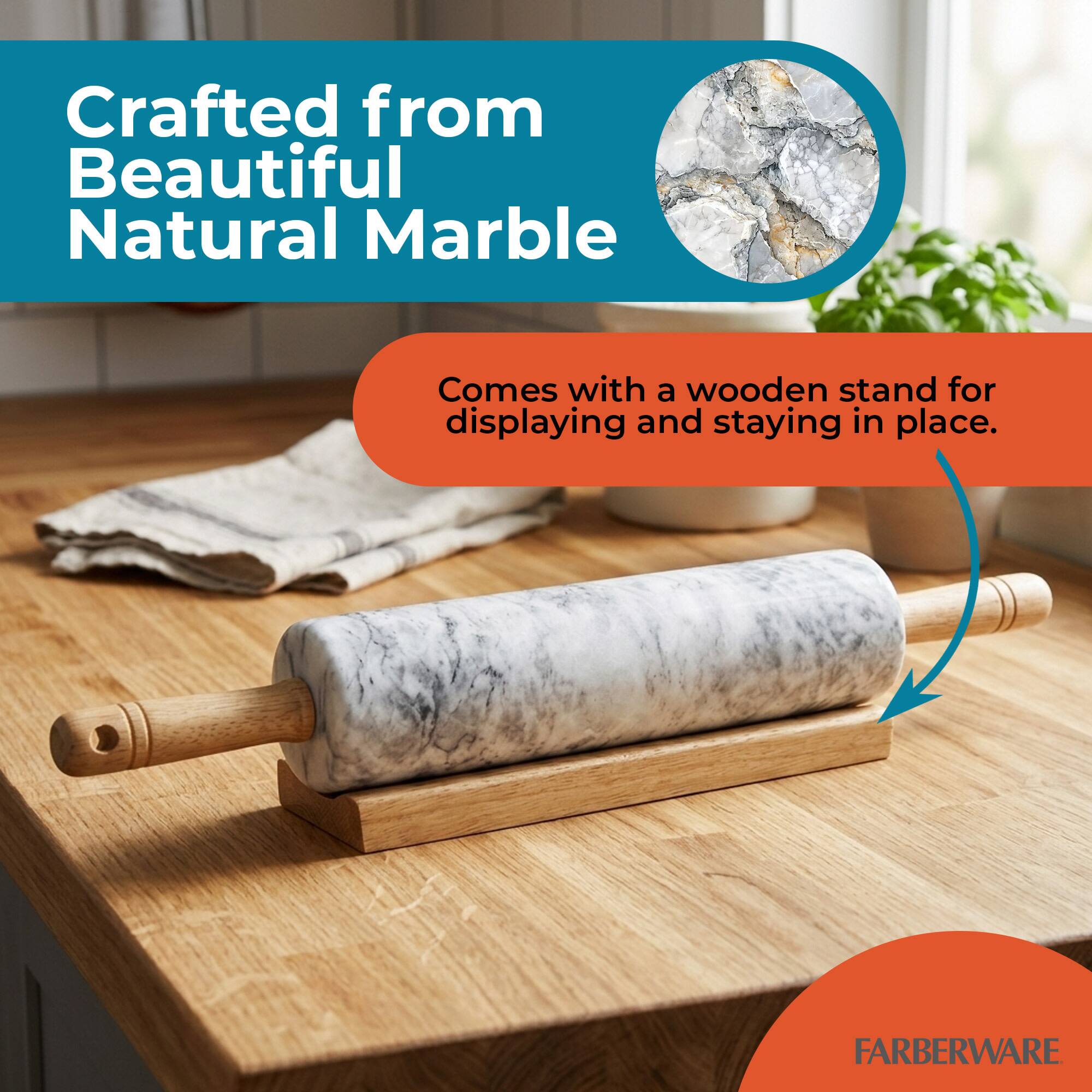 Crafted from Beautiful Natural Marble  
Comes with a wooden stand for displaying and staying in place.  
FARBERWARE