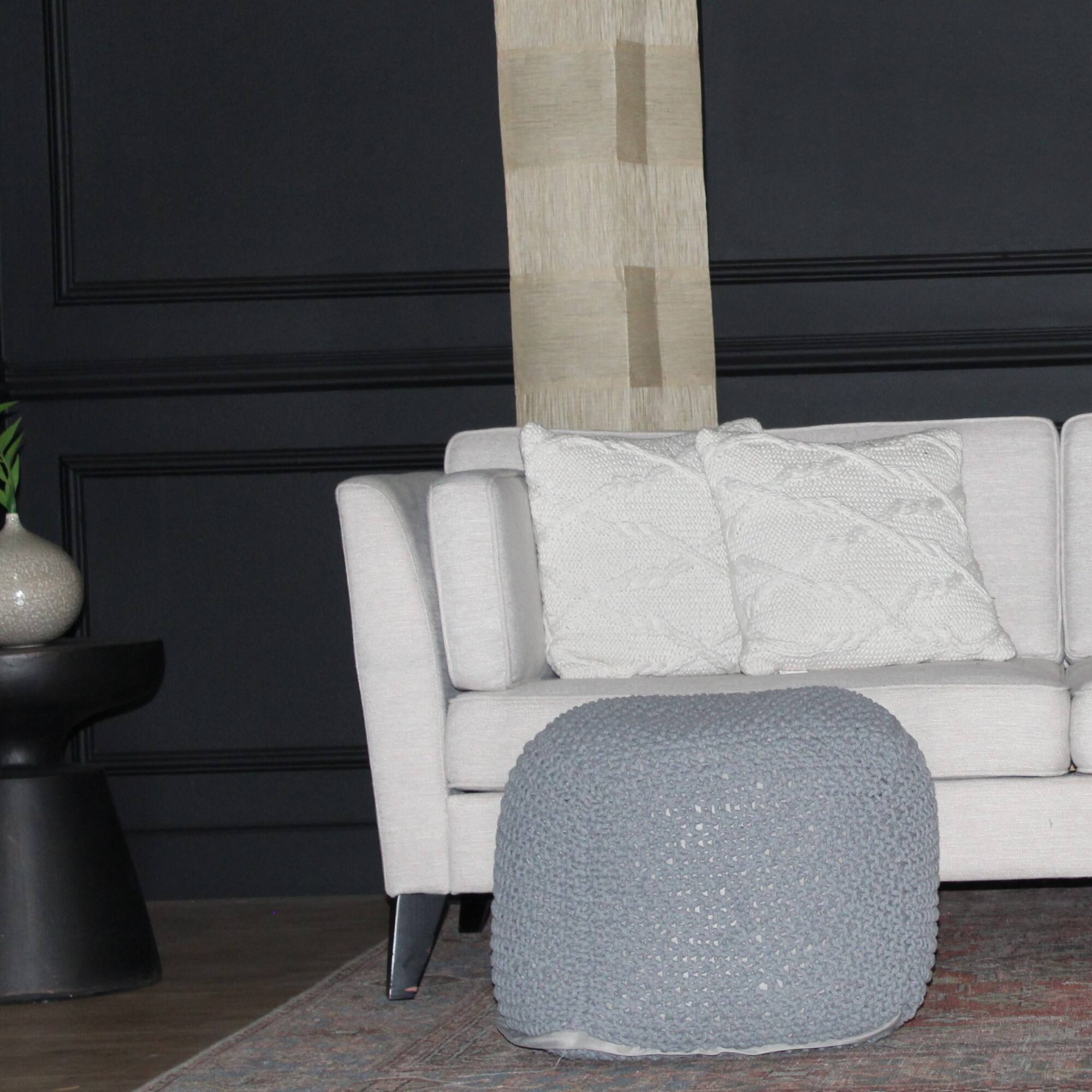 Alt View 2. GOODSILO - Handmade Cable Knit Semi-Rounded Pouf - Versatile Footrest and Seating for Living Spaces - Soft Cotton Fabric - Light Gray.