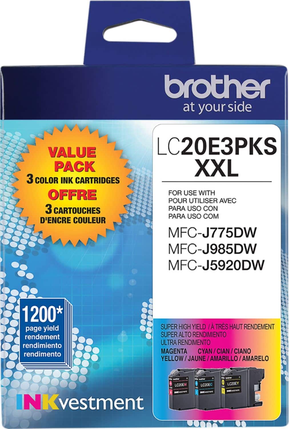 Front. Brother - LC20E3PKS XXL Super High-Yield 3-Pack Ink Cartridges - Cyan/Magenta/Yellow.