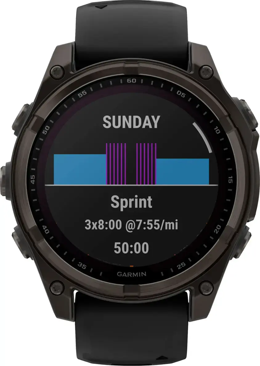 The text on the image reads: "Sunday 3x8:00 @ 7:55/mi 50:00 35 25 GARMIN 20 15." This text is grouped and corrected as follows:

1. "Sunday" is the first word, indicating the day of the week.
2. "3x8:00 @ 7:55/mi" is a description of the workout, which involves running three times for eight minutes each, with a rest period of 7:55 minutes between each run.
3. "50:00" is the total time for the workout, which is 50 minutes.
4. "35 25" is the distance covered during the workout, which is 35 miles and 25 kilometers.
5. "GARMIN" is the brand of the watch, which is used for tracking the workout.
6. "20 15" is the heart rate zone, which indicates the target heart rate range for the workout.