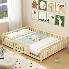 Gymax - Full Size Floor Bed Montessori Bed Frame w/ Full-length Guardrails & Safety Door - Natural