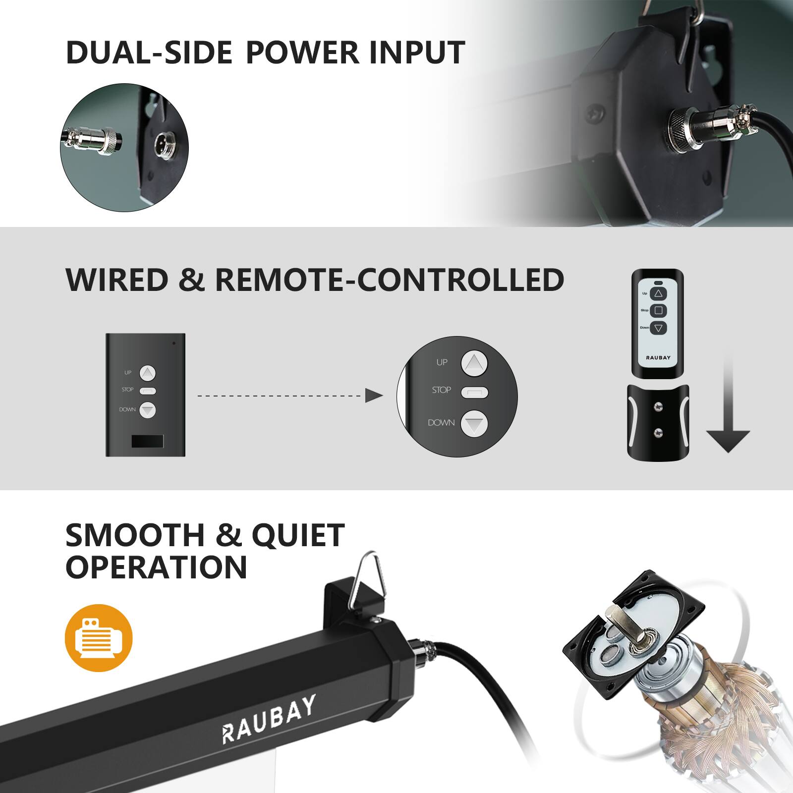 DUAL-SIDE POWER INPUT

WIRED & REMOTE-CONTROLLED

SMOOTH & QUIET OPERATION
