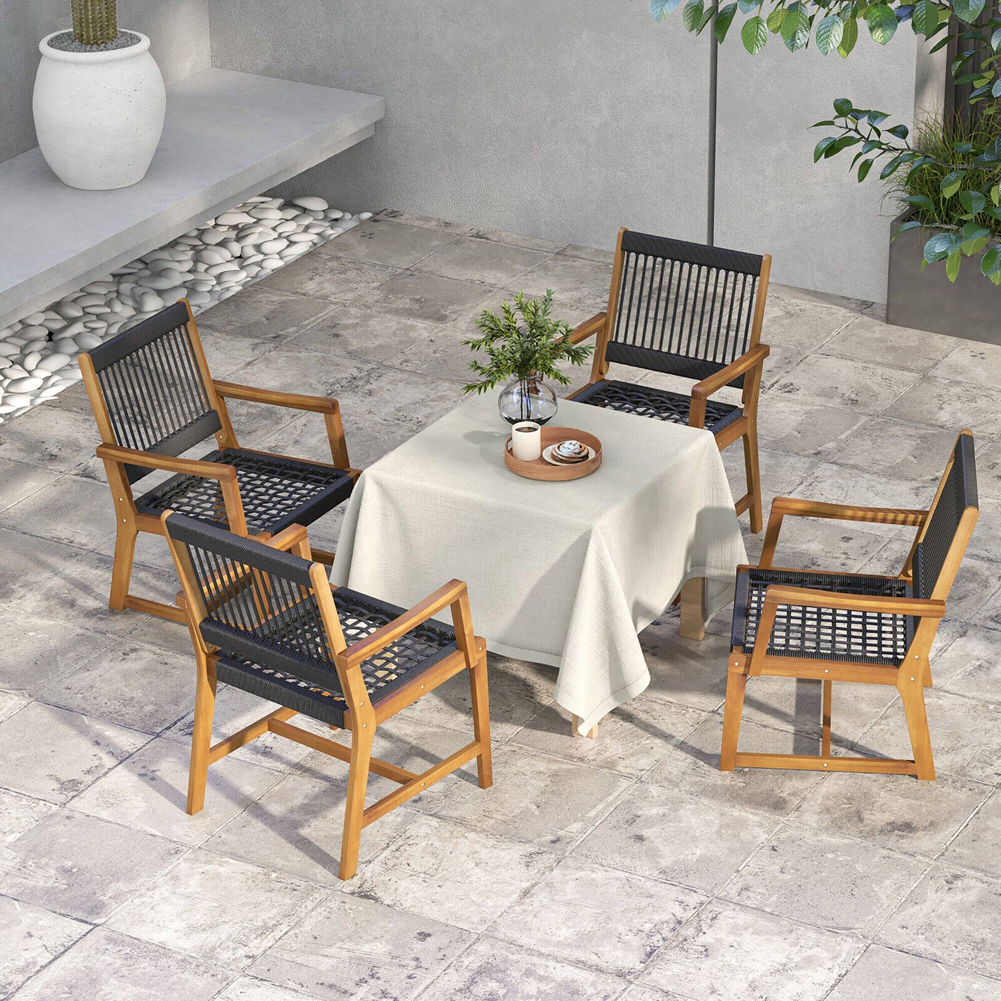 Alt View 2. Gymax - Gymax Patio 4PCS Acacia Wood Dining Chairs All-Weather Rope Woven Armchairs Outdoor - Black and Natural.