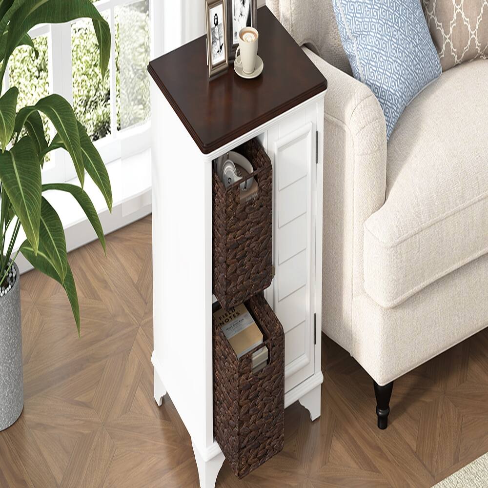 Alt View 2. Loheer - Loheer American Style End Table with Woven Baskets Shutter Style Side Table Solid Wood Base Storage Shelf - White.